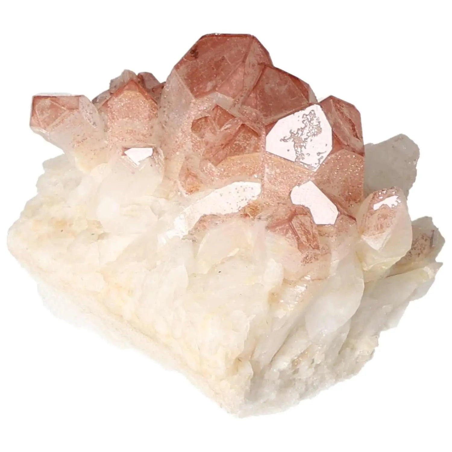 Quartz cluster with lithium crystals, featuring pinkish hues and natural formations from Sylvia Crystals known for calming energies.