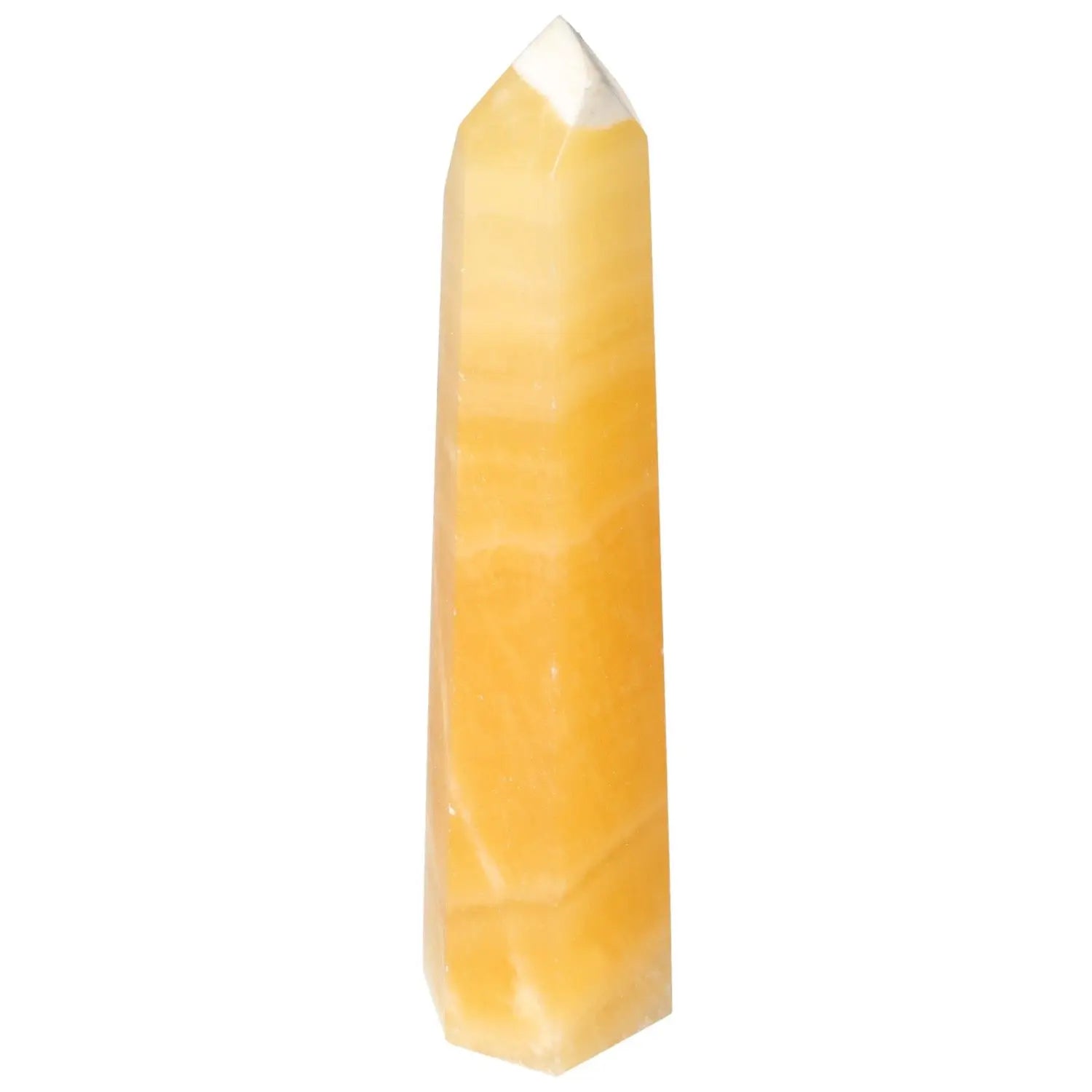 Polished yellow Mexican Calcite Obelisk by Sylvia Crystals, symbolizing self-confidence and success, enhancing focus and energy.
