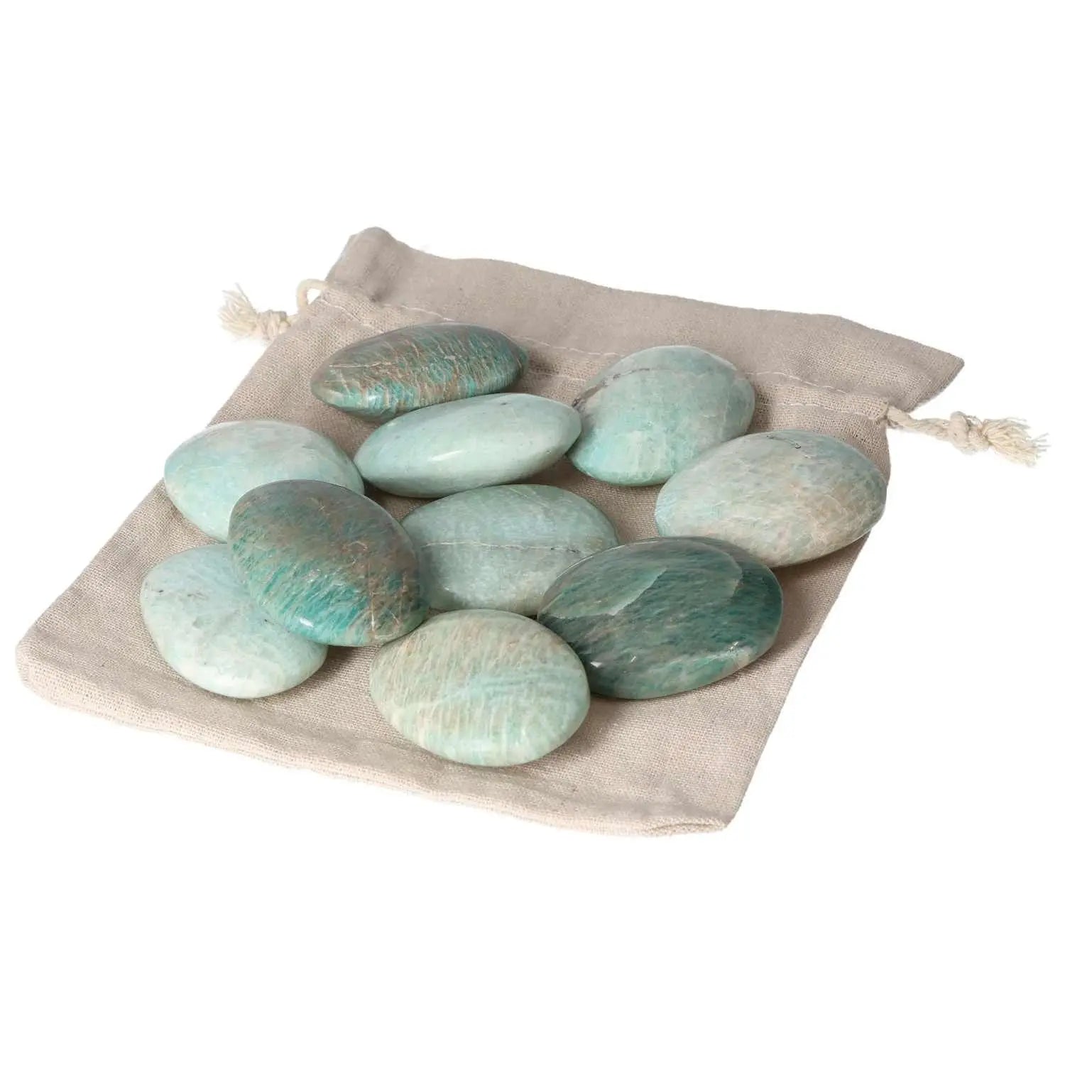 Amazonite palm stones arranged on a linen pouch, showcasing their calming blue-green hues and smooth, polished surfaces.