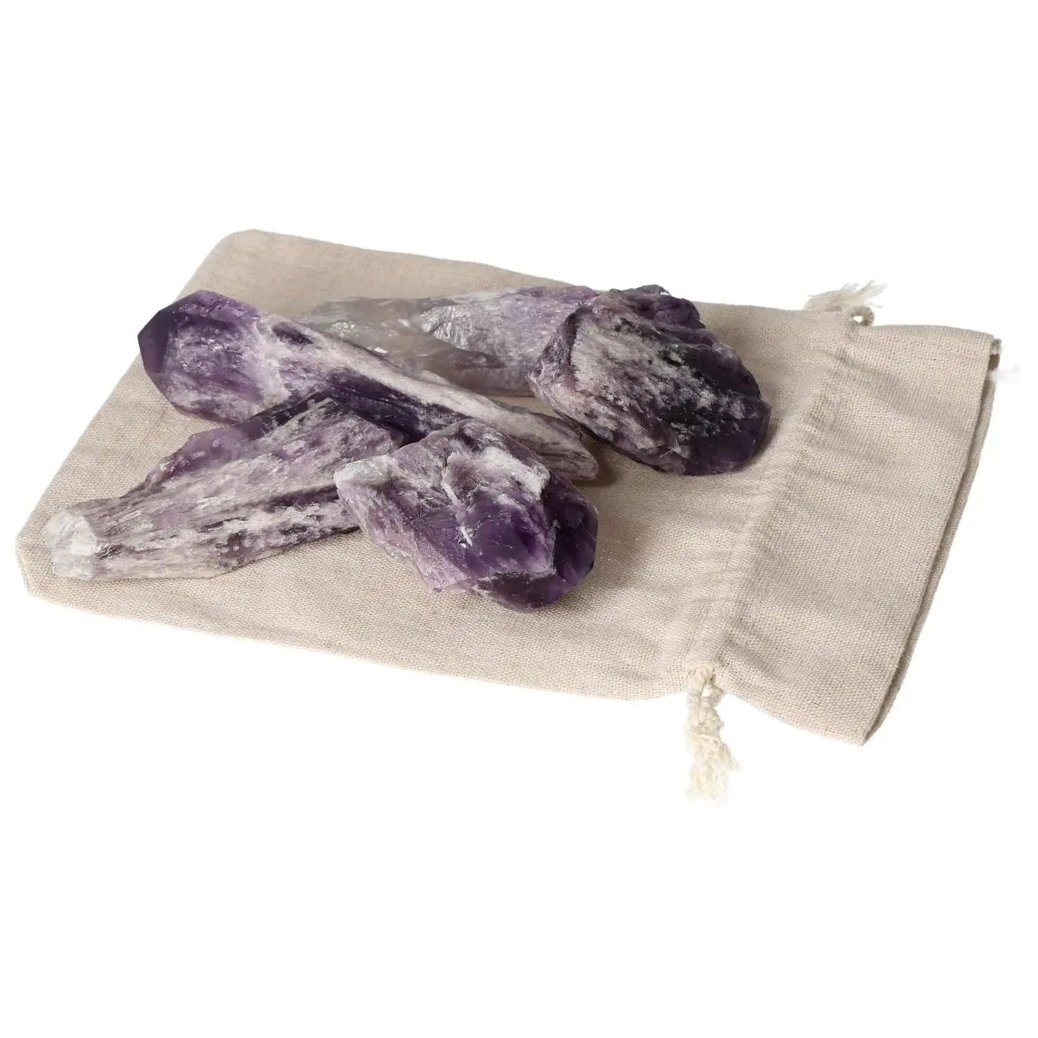Amethyst Point L from Sylvia Crystals on linen cloth, showcasing its beauty and energy-boosting properties for stress relief and concentration.