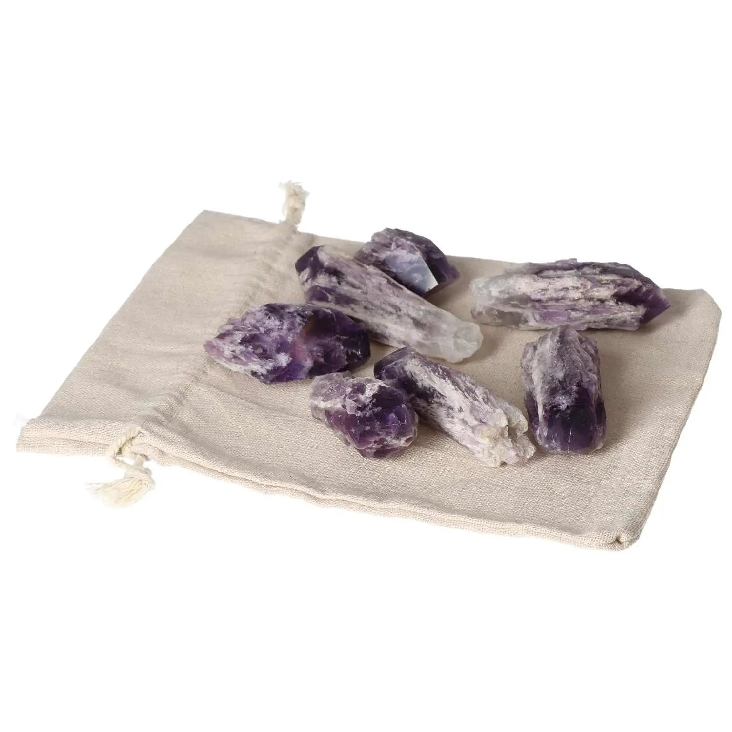 Amethyst Point M crystals on pouch, premium quality by Sylvia Crystals, enhances emotional stability and reduces stress.