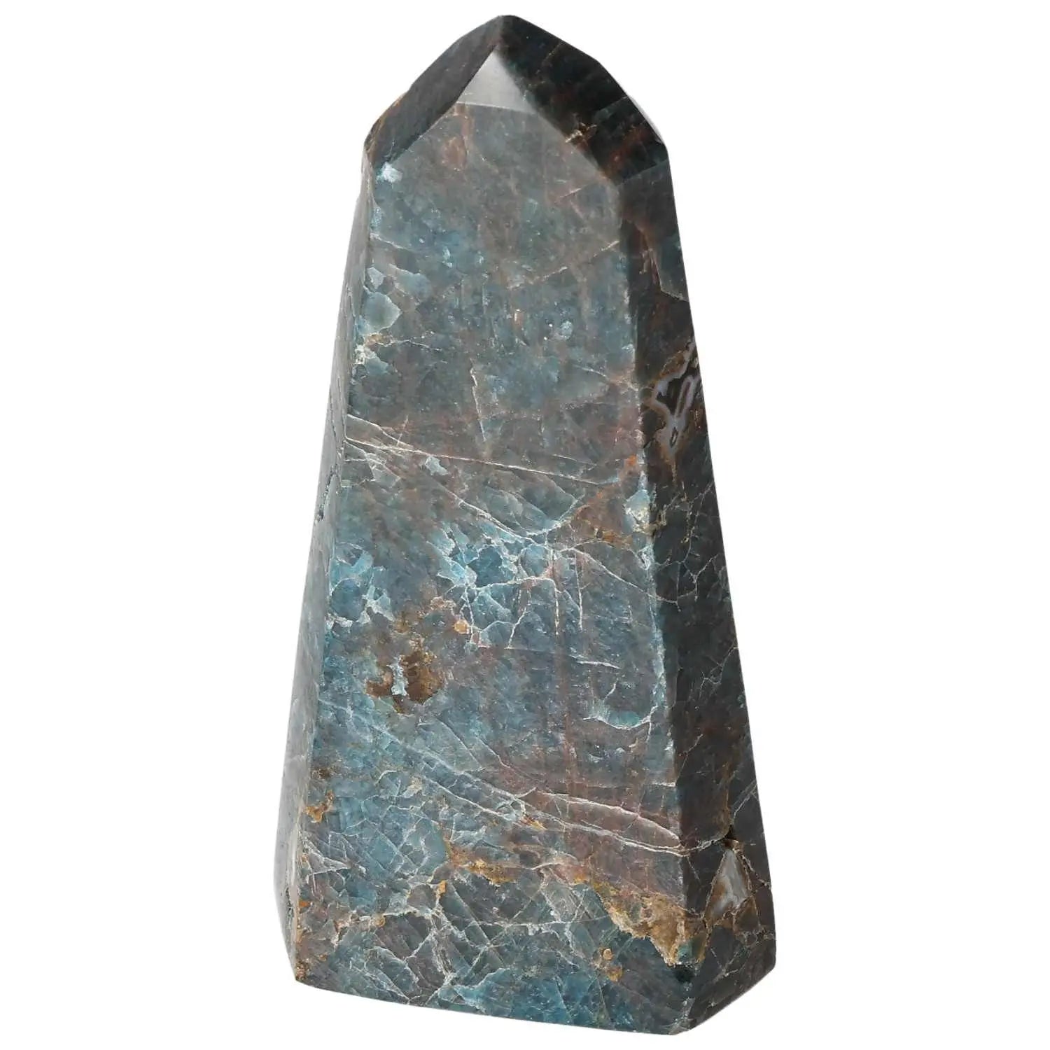 Apatite Obelisk from Sylvia Crystals showcasing vibrant blue hues and high-quality craftsmanship, ideal for enhancing focus and clarity.