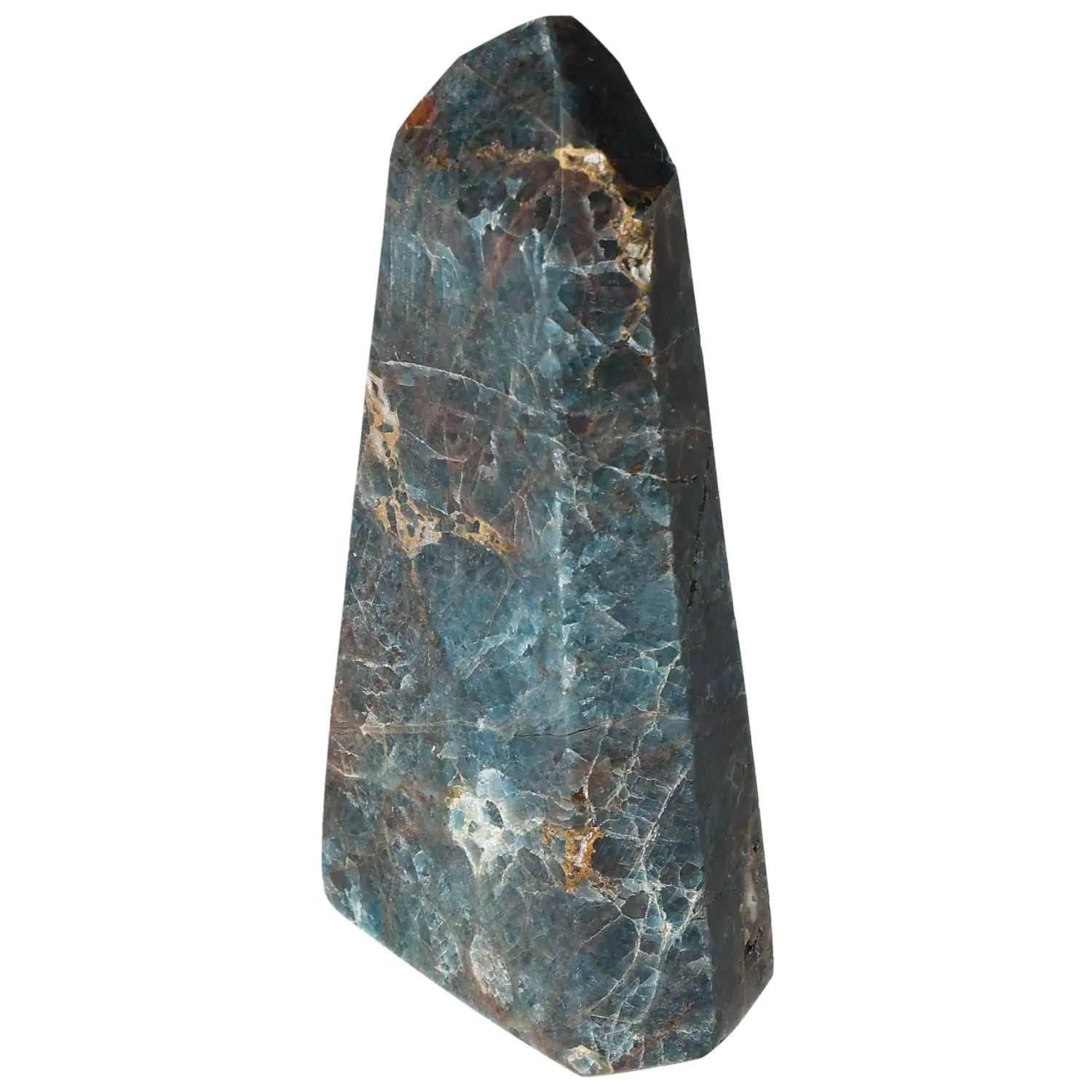 Apatite Obelisk from Sylvia Crystals, a premium handpicked crystal for enhancing focus and clarity, featured in a vibrant blue hue.