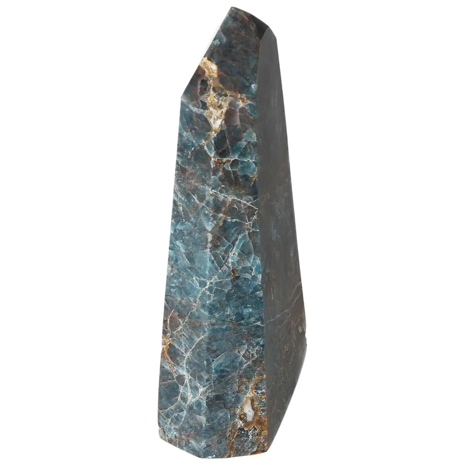 Blue Apatite Obelisk from Sylvia Crystals, premium quality gemstone for focus enhancement and mental clarity, side view.