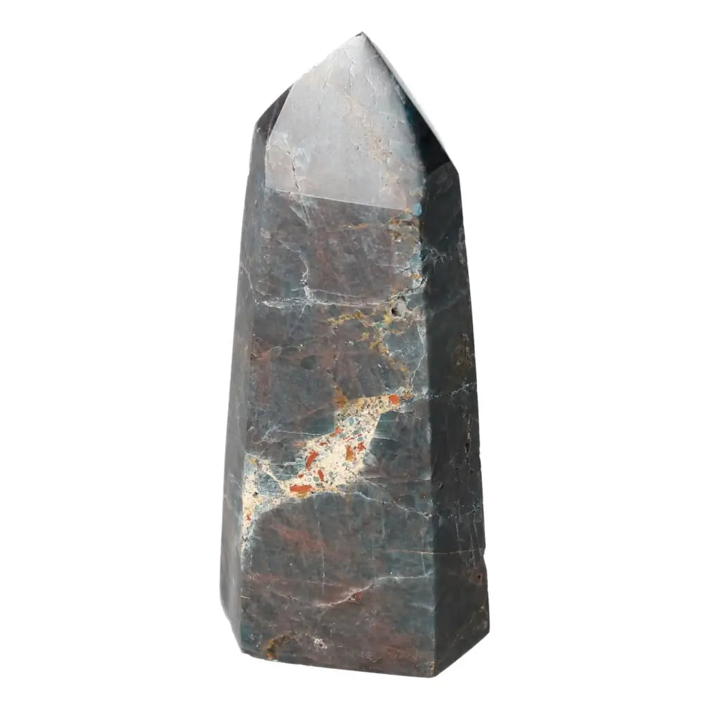 Apatite Obelisk by Sylvia Crystals, deep blue hue, premium natural artistry, luxury, and authenticity in a decorative spiritual piece.