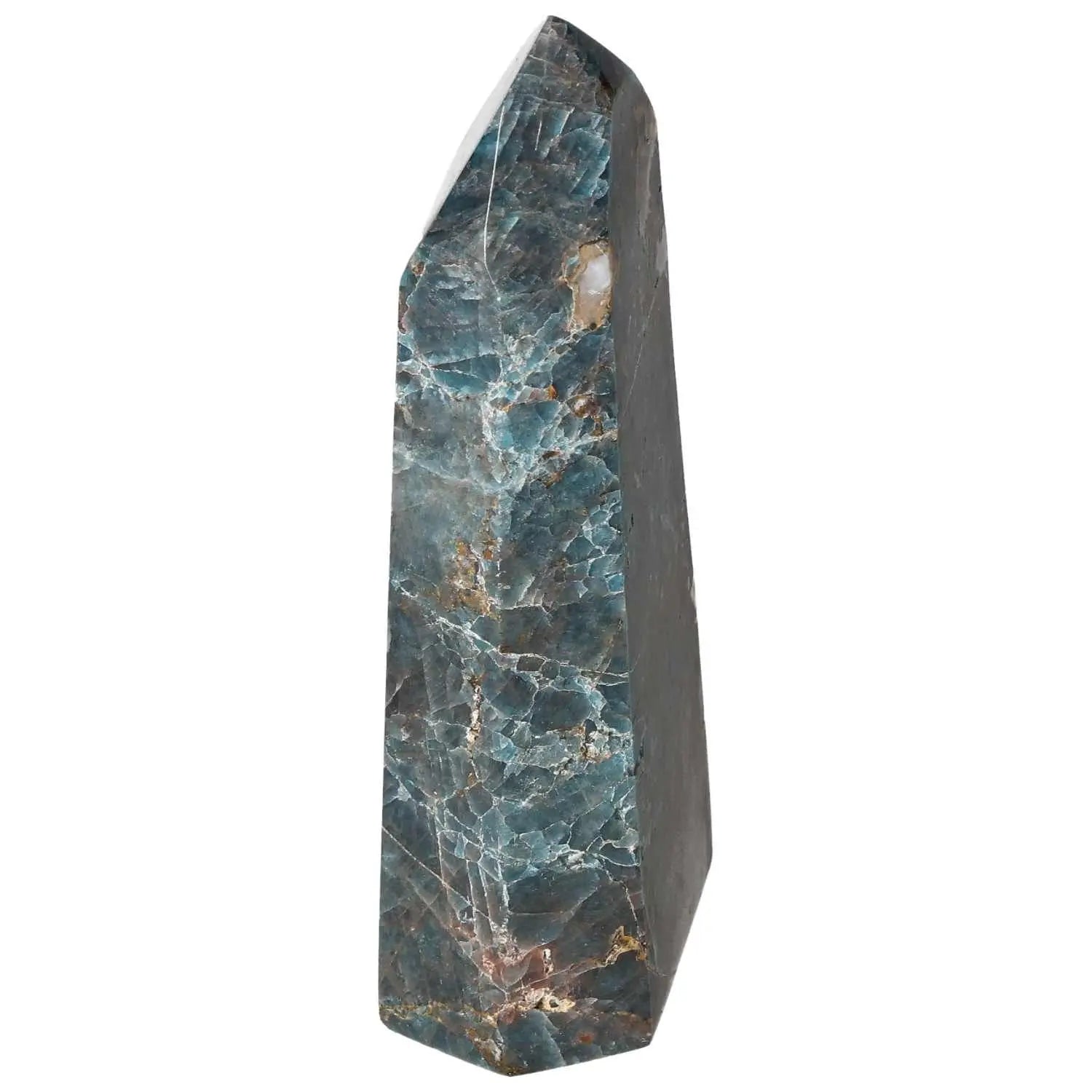 Elegant deep blue Apatite Obelisk from Sylvia Crystals, showcasing luxury and natural artistry for spiritual and decorative use.