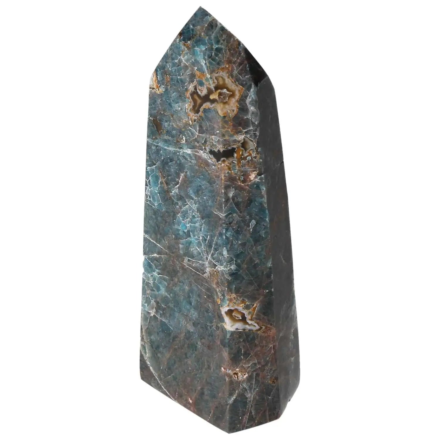 Apatite Obelisk from Sylvia Crystals showcasing deep blue hues and intricate patterns, embodying luxury and spiritual elegance.