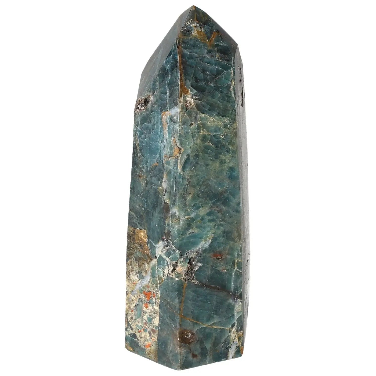 Vibrant blue Apatite Obelisk from Sylvia Crystals, showcasing elegance and quality, perfect for decor and spiritual purposes.