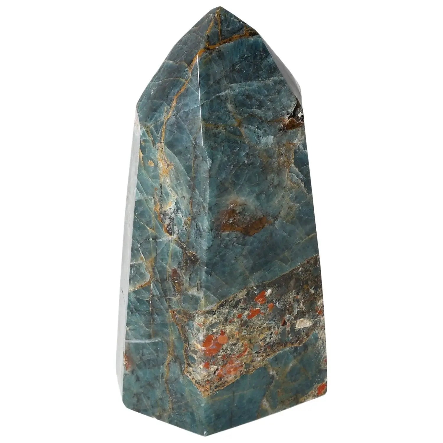 Apatite Obelisk by Sylvia Crystals, showcasing vibrant blue hues and elegance, handpicked for quality and spiritual significance.