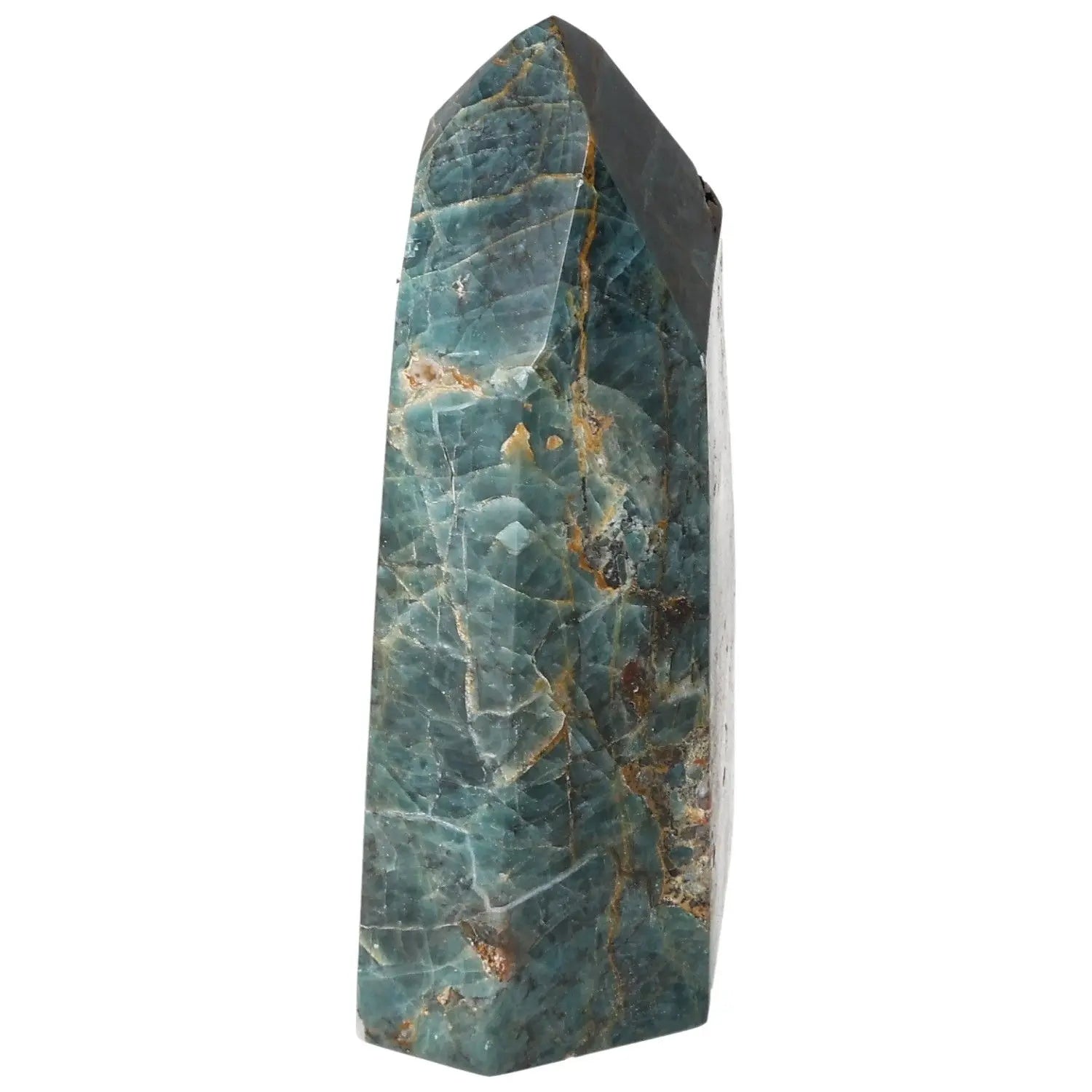 Vibrant blue Apatite Obelisk from Sylvia Crystals, showcasing clarity and elegance, perfect for quality decor and spiritual aesthetics.