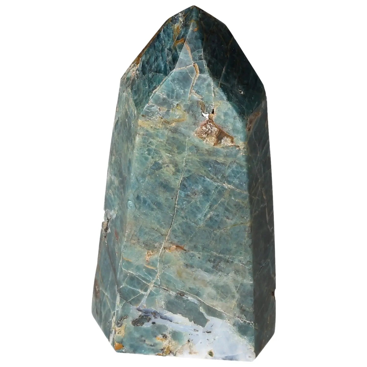 Elegant Apatite Obelisk from Sylvia Crystals, featuring vibrant blue hues and exceptional clarity, perfect for spiritual decor.