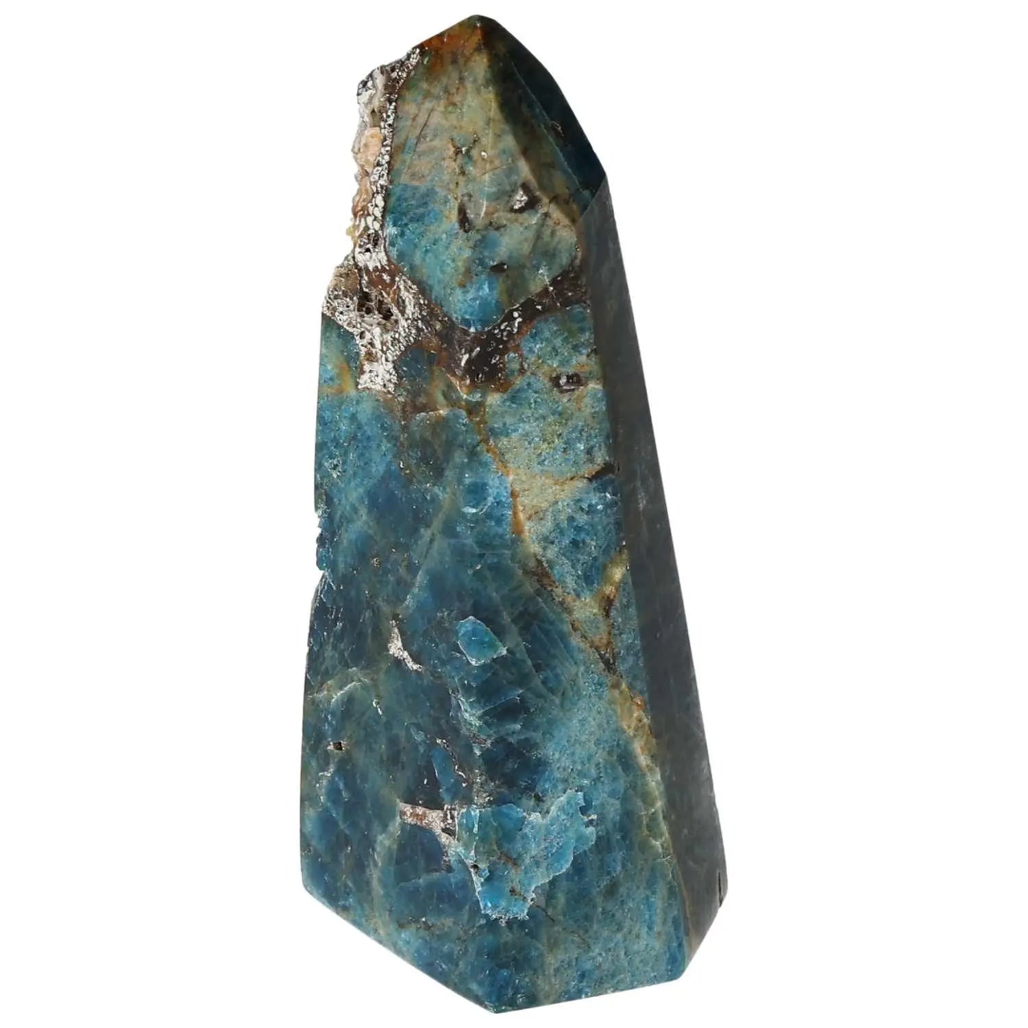 Apatite Obelisk from Sylvia Crystals, showcasing vibrant blues and earthy tones, enhancing creativity and spiritual wellness.