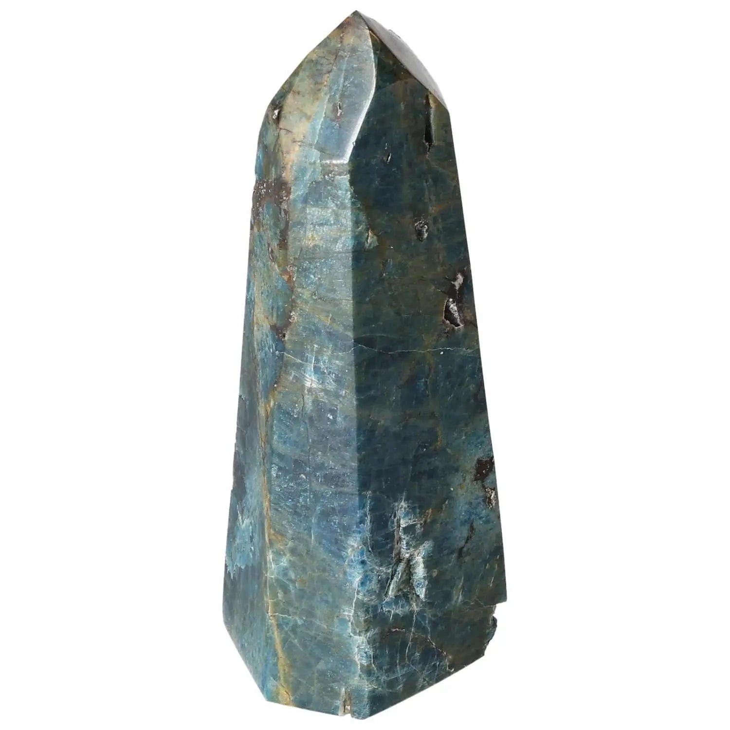Apatite Obelisk by Sylvia Crystals, enhancing creativity and spiritual wellness, featuring a luxurious blue-green gemstone design.