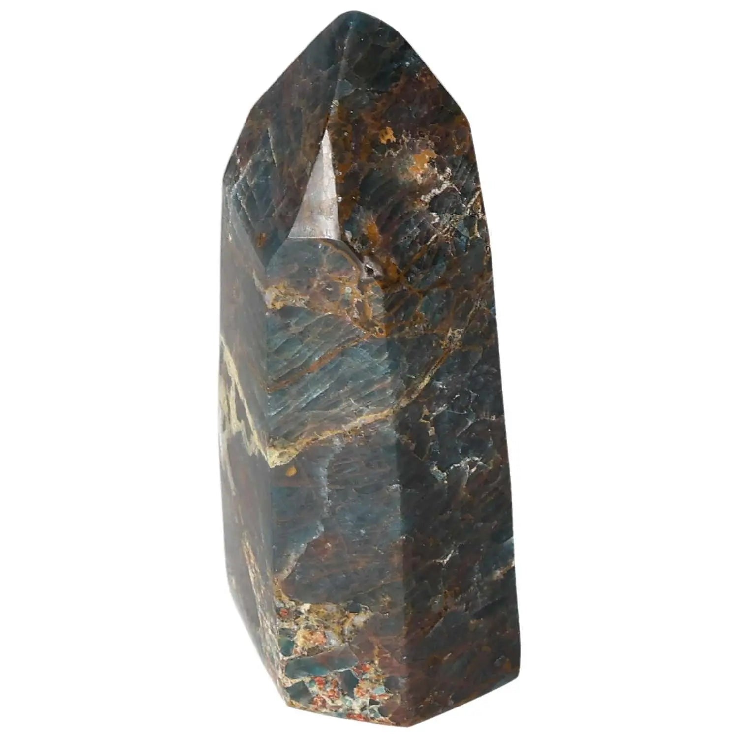 Apatite obelisk from Sylvia Crystals, showcasing its rich blue and brown tones and elegant polished finish.