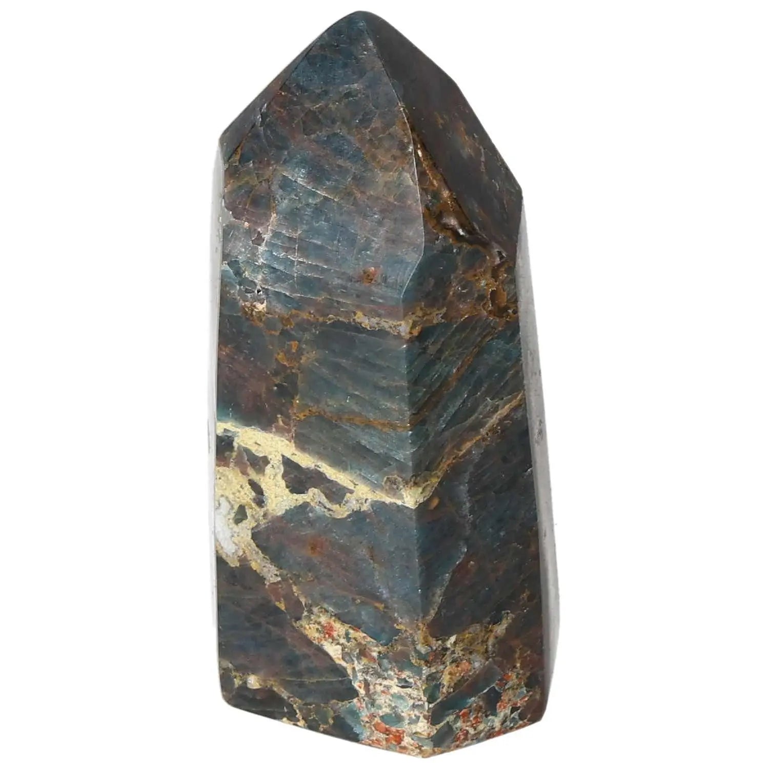 Apatite Obelisk from Sylvia Crystals, showcasing deep blue and green hues with a polished finish for spiritual elegance.