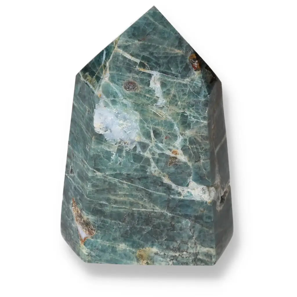 Apatite Obelisk by Sylvia Crystals, showcasing vibrant hues and radiant energy, ideal for inspiring clarity and personal growth.