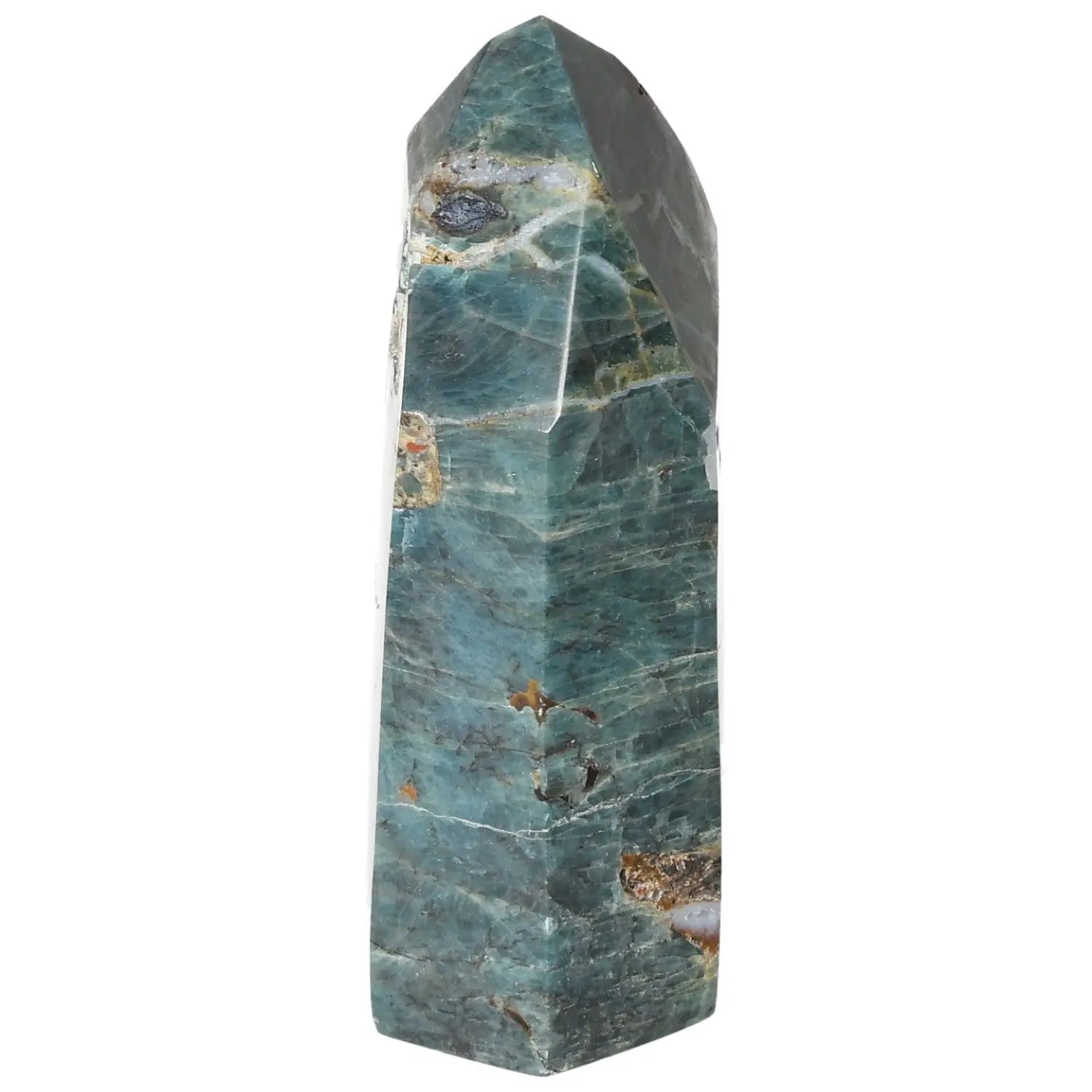Vibrant Apatite Obelisk gemstone by Sylvia Crystals, showcasing a unique blue-green hue for clarity and growth. Ideal for crystal collectors.