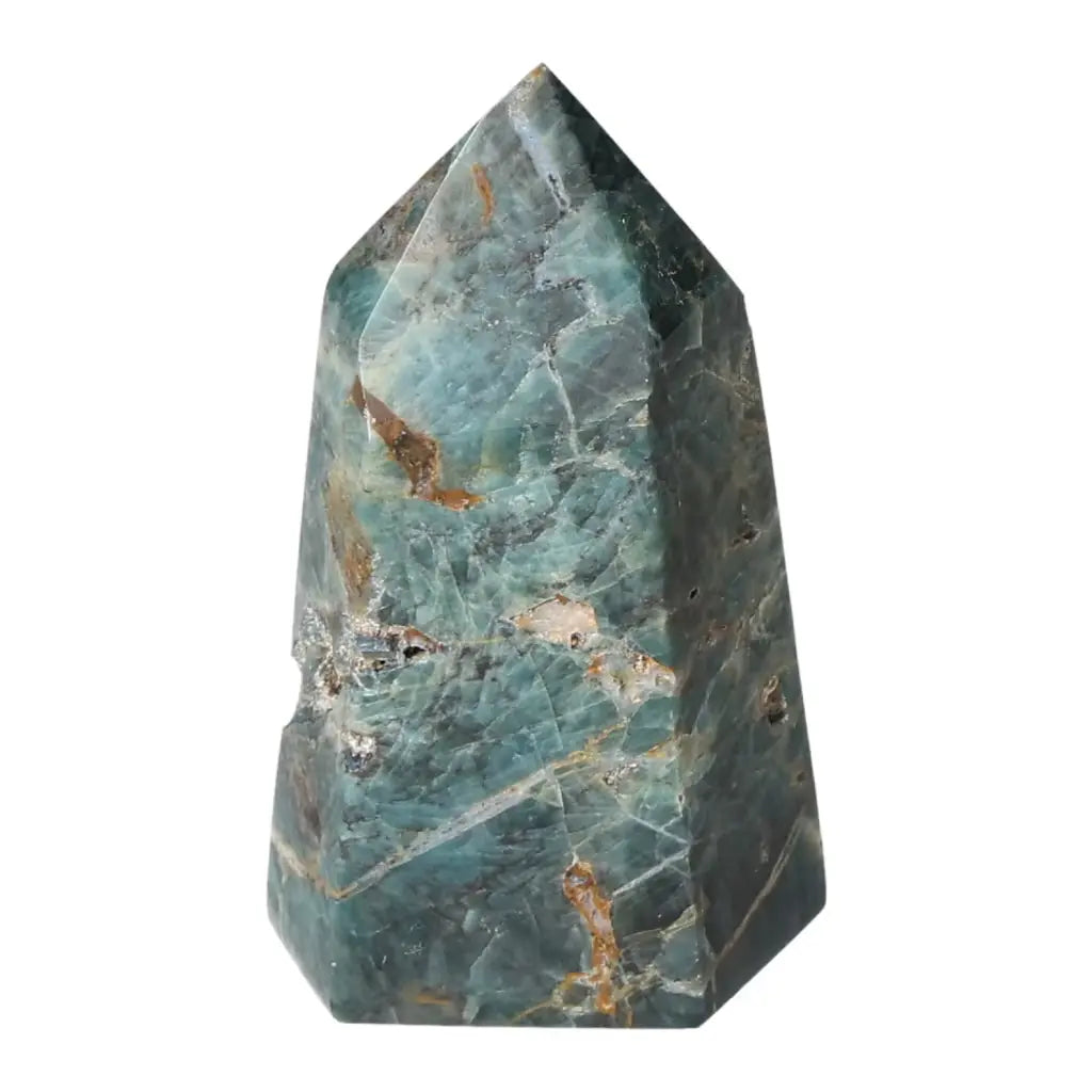 Apatite Obelisk by Sylvia Crystals, vibrant blue with natural patterns, ideal for clarity and focus.