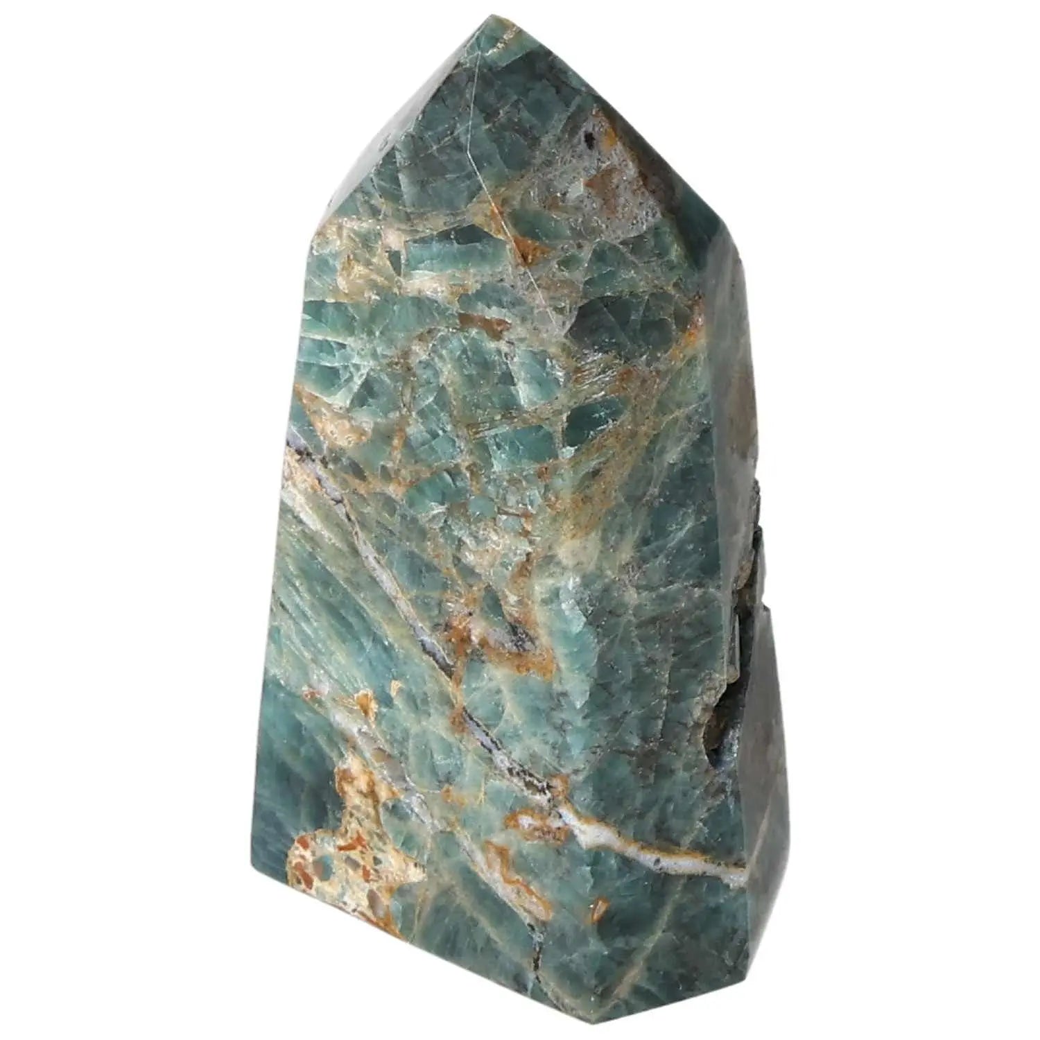 Apatite Obelisk by Sylvia Crystals; vibrant blue crystal with natural patterns, symbolizing clarity and focus, ideal for spiritual elegance.