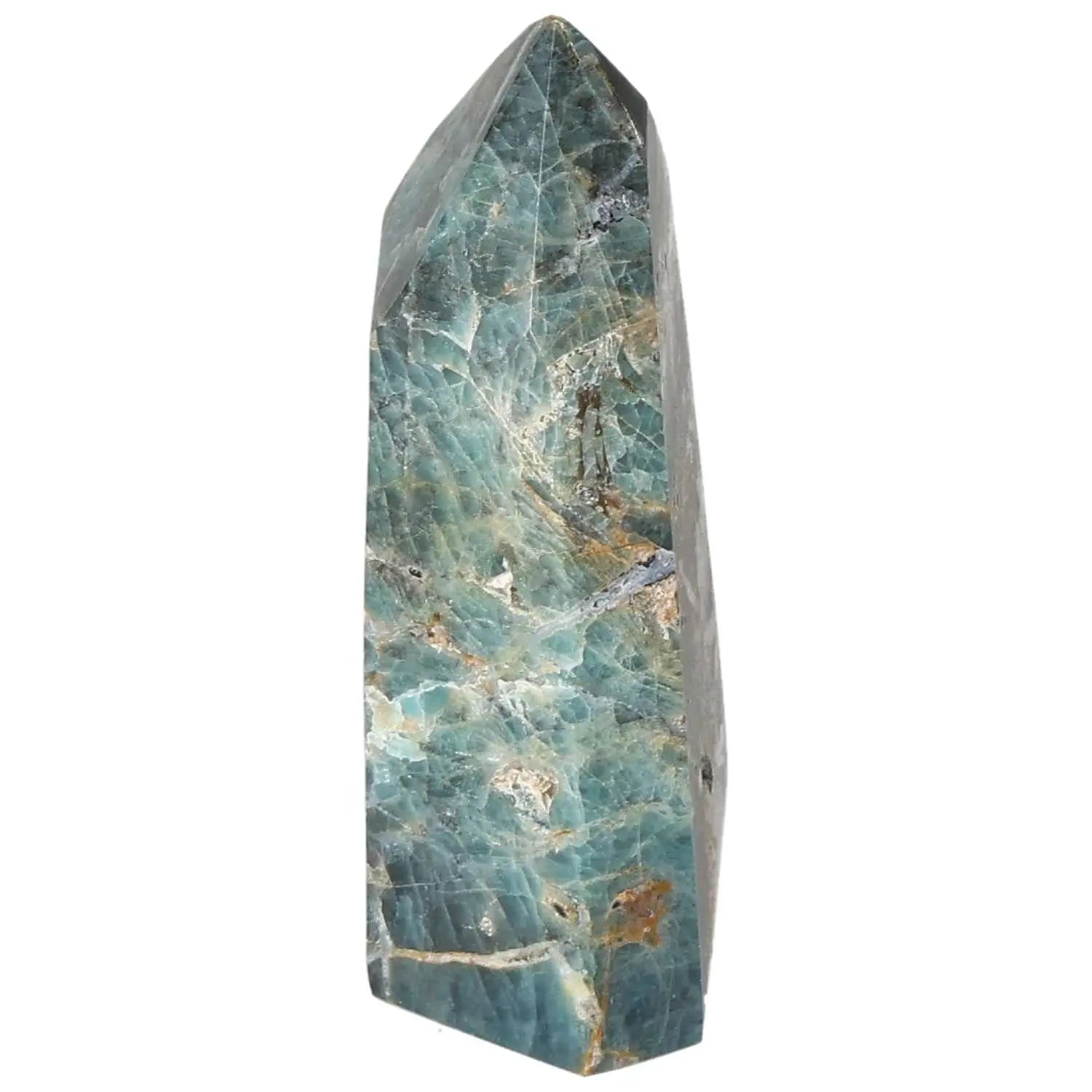 Apatite Obelisk from Sylvia Crystals, showcasing vibrant blue hues and intricate patterns, symbolizing clarity and focus.