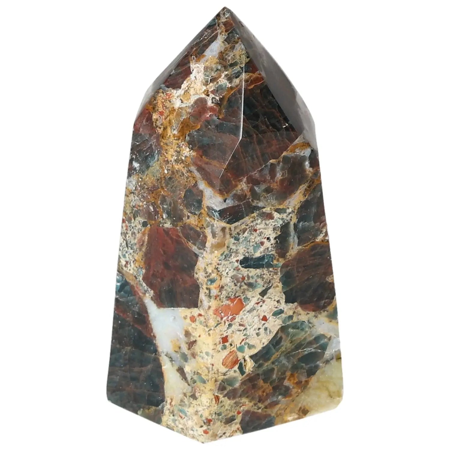 Apatite Obelisk from Sylvia Crystals showcasing natural colors and textures, blending luxury with spiritual and aesthetic appeal.