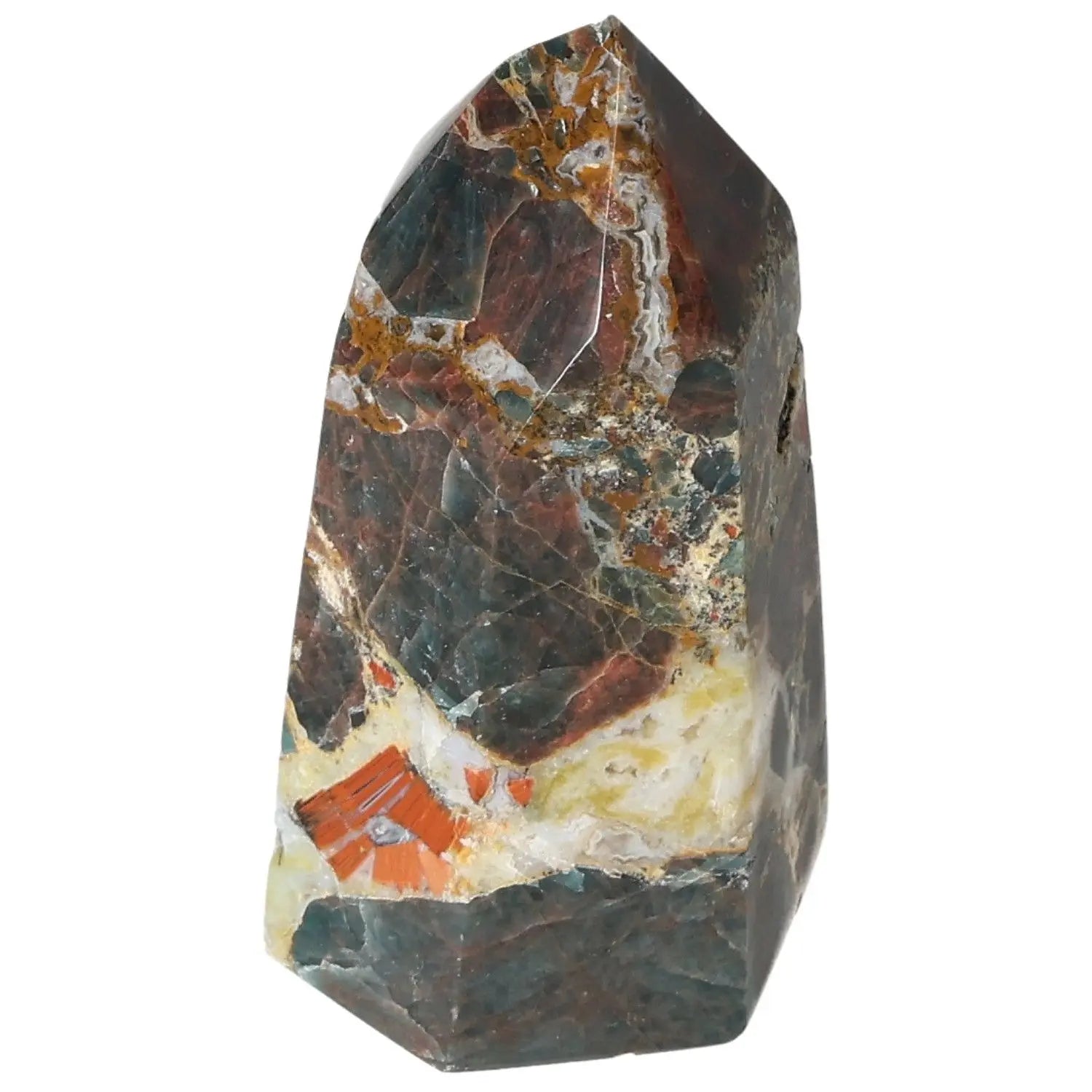 Apatite Obelisk from Sylvia Crystals, showcasing natural patterns and colors, symbolizing luxury and spiritual transformation.