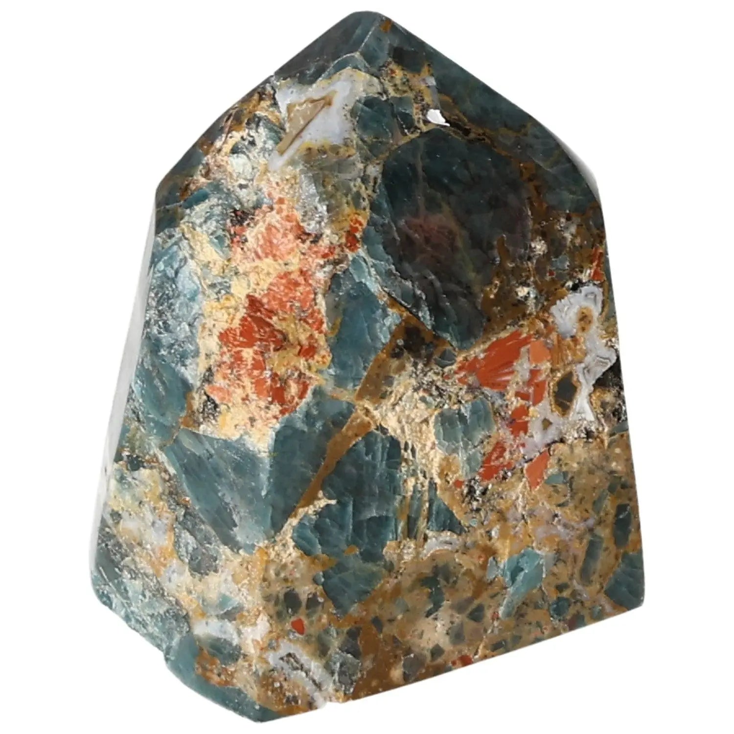 Apatite Obelisk from Sylvia Crystals showcasing vibrant hues and natural patterns for spiritual energy and harmony.