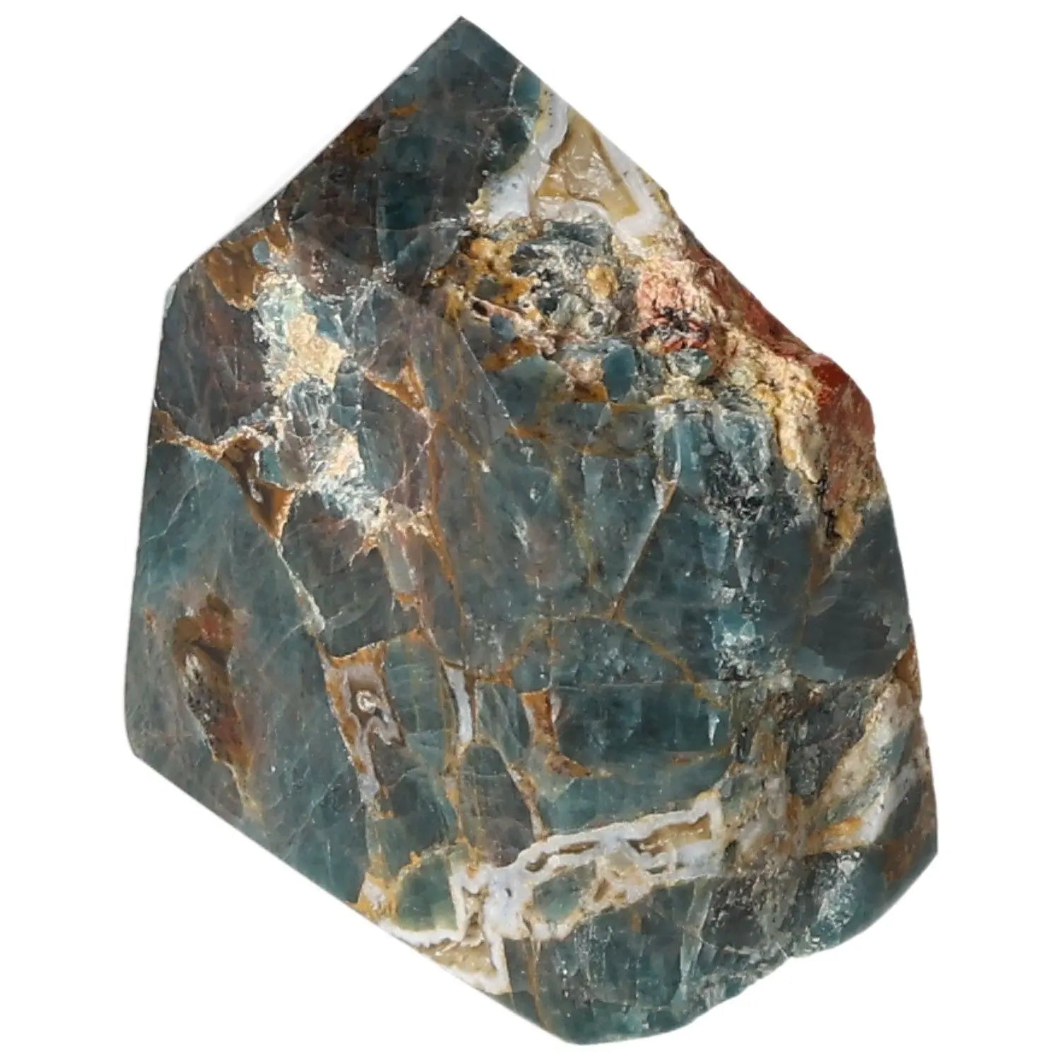 Apatite Obelisk from Sylvia Crystals, showcasing natural beauty with striking blue and earthy tones, perfect for spiritual harmony.