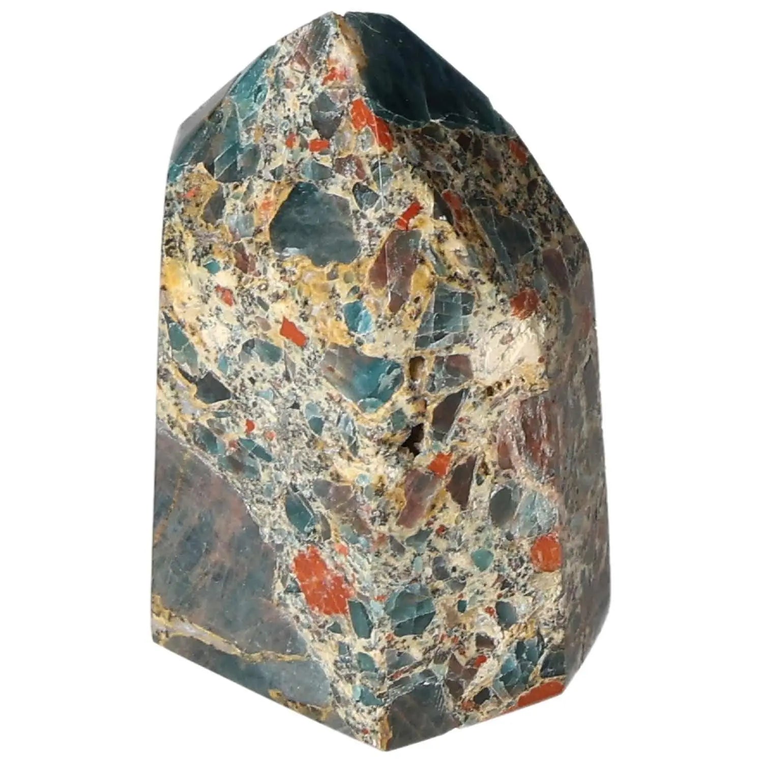 Apatite Obelisk by Sylvia Crystals, showcasing vibrant earth hues and unique craftsmanship for elegance and spiritual well-being.