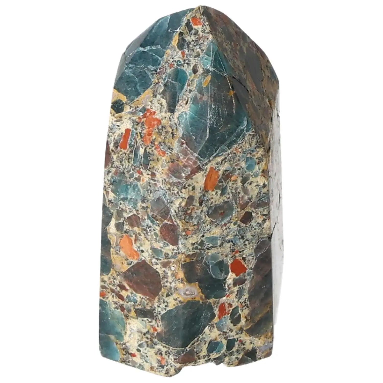 Apatite Obelisk with vibrant hues, handcrafted by Sylvia Crystals, showcasing natural beauty and promoting spiritual well-being.
