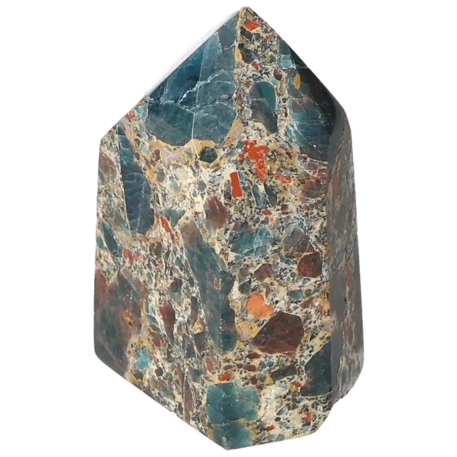Apatite Obelisk with vibrant hues, crafted by Sylvia Crystals, highlighting natural beauty, elegance, and spiritual energy.