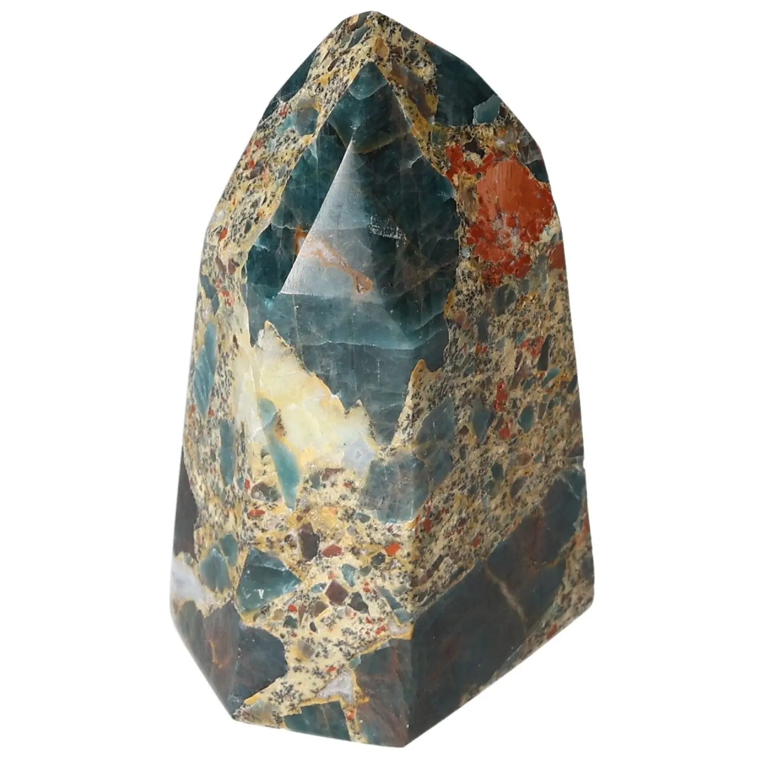 Apatite Obelisk from Sylvia Crystals showcasing vibrant hues and intricate patterns, representing luxury and spiritual enrichment.