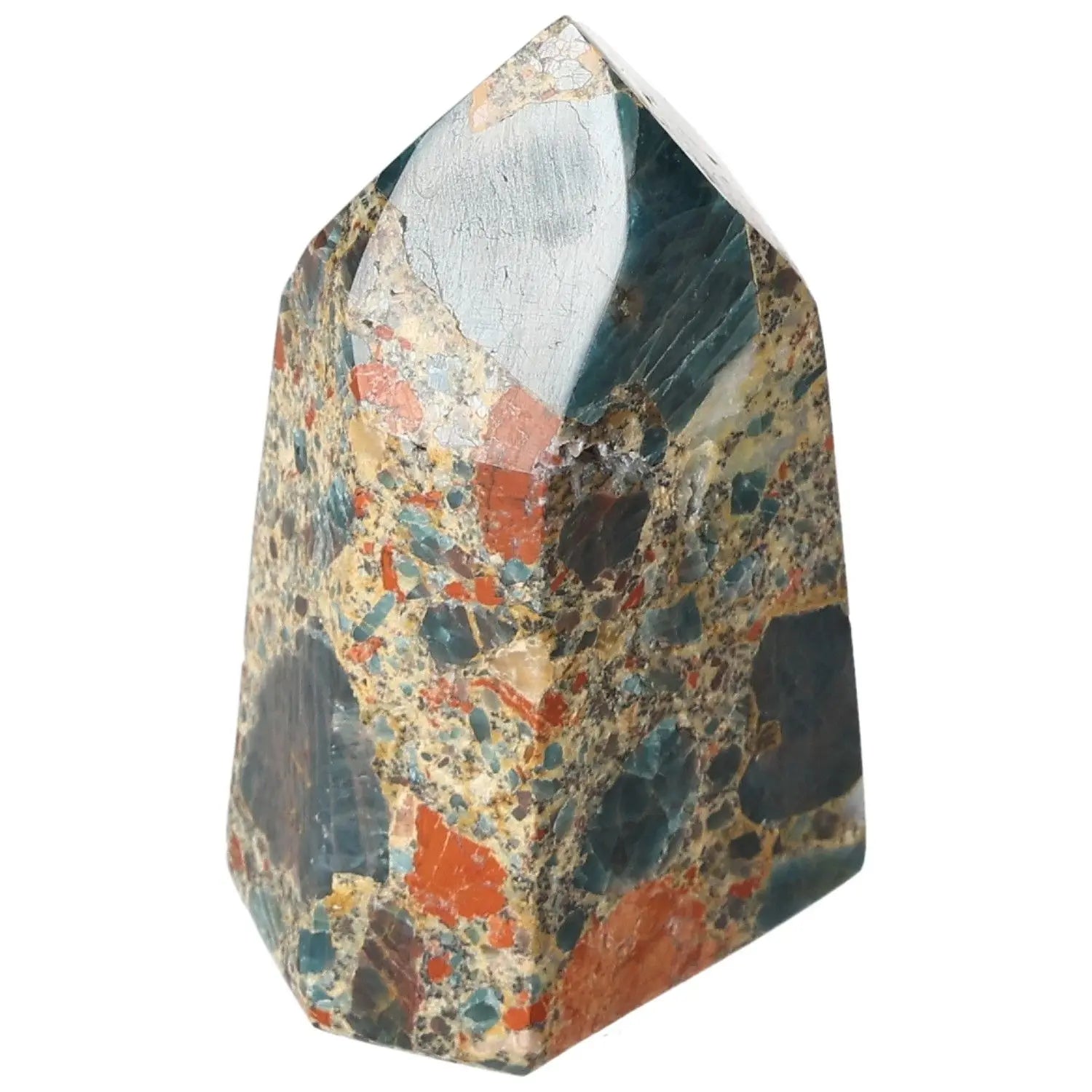Vibrant Apatite Obelisk from Sylvia Crystals showcasing unique colors and textures, symbolizing luxury and spiritual enrichment.