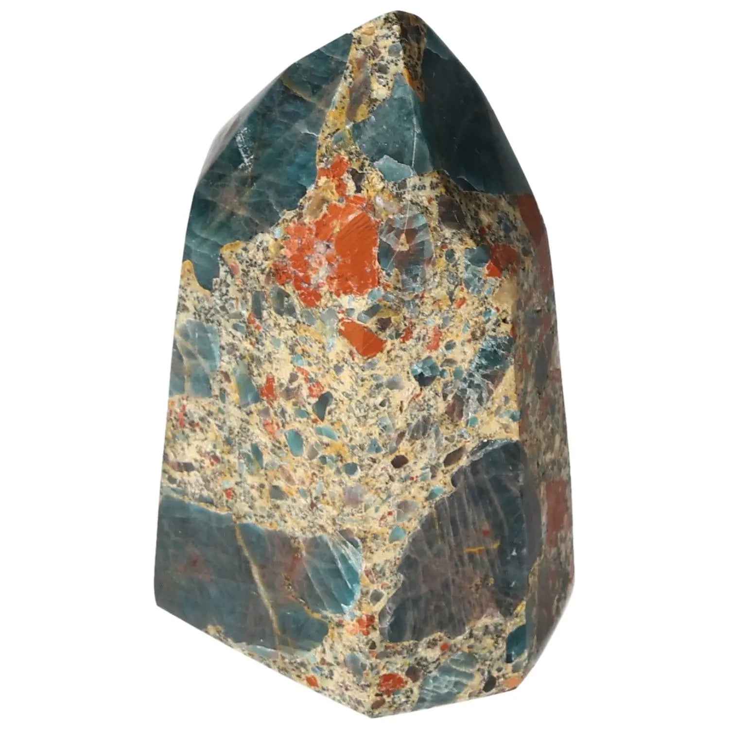Apatite Obelisk from Sylvia Crystals featuring vibrant hues and intricate patterns, symbolizing luxury and spiritual enrichment.
