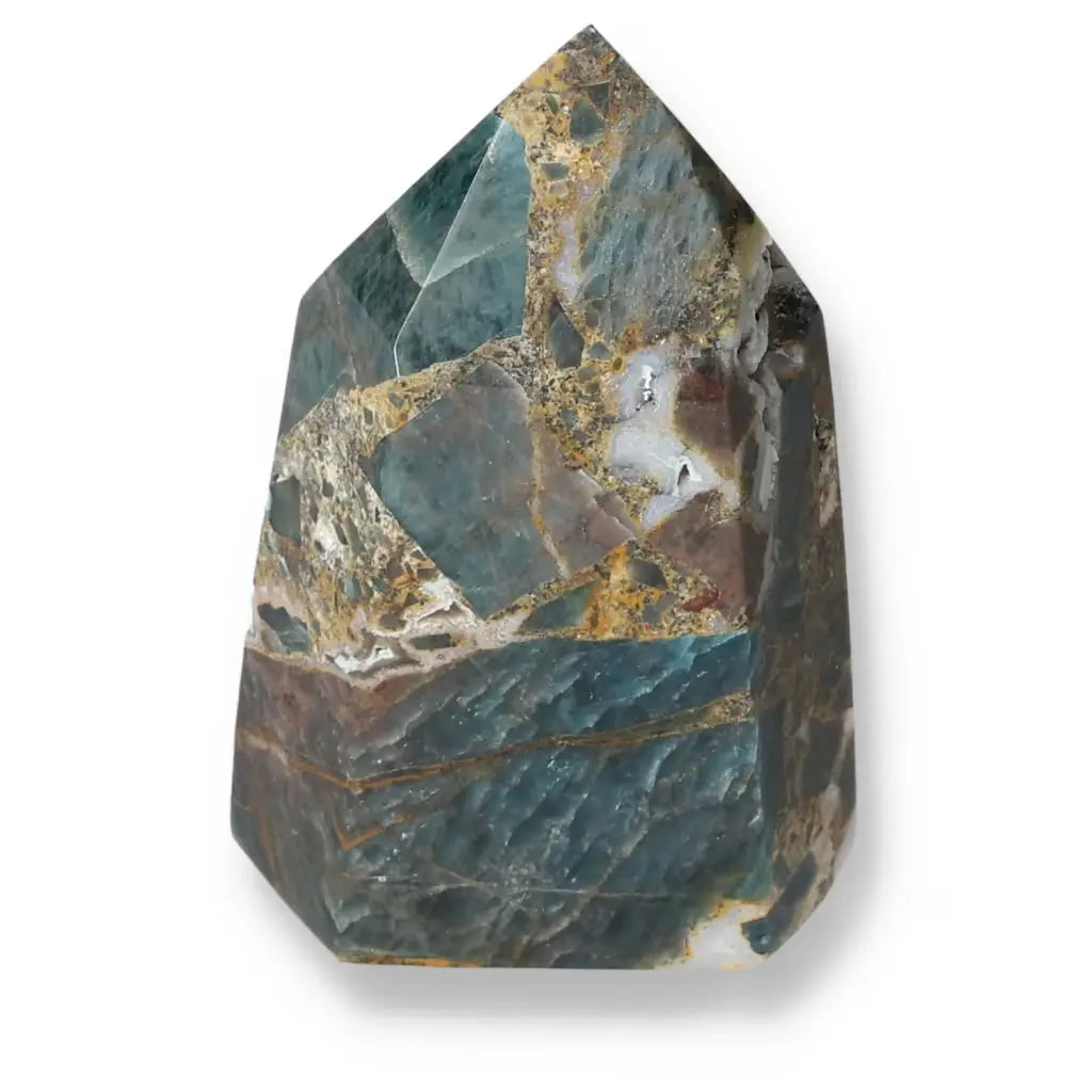 Apatite Obelisk crystal by Sylvia Crystals, handpicked for its vibrant hues, promoting clarity and focus in a decorative form.