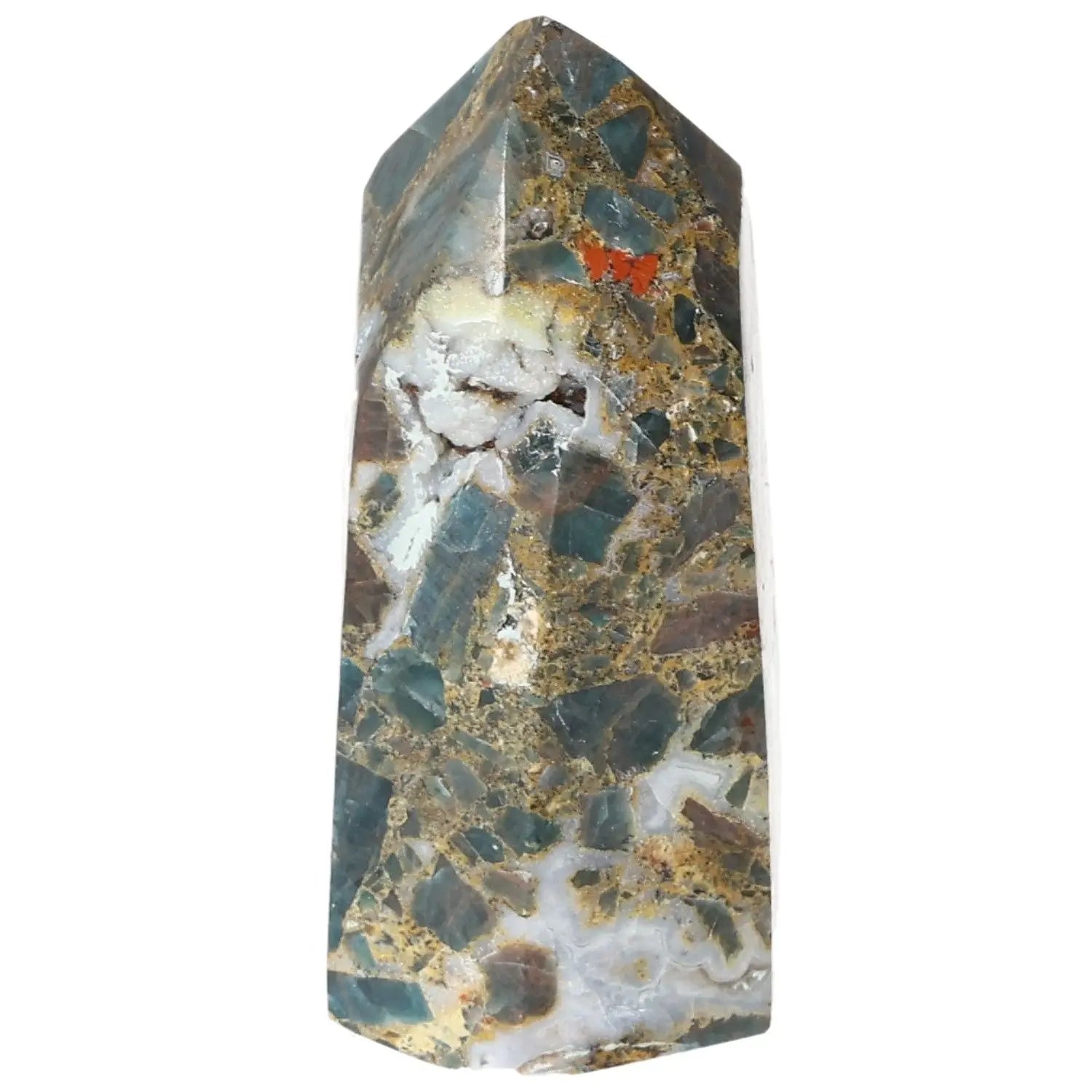 Apatite Obelisk from Sylvia Crystals, showcasing its vibrant hues ideal for clarity and focus in spiritual practice.