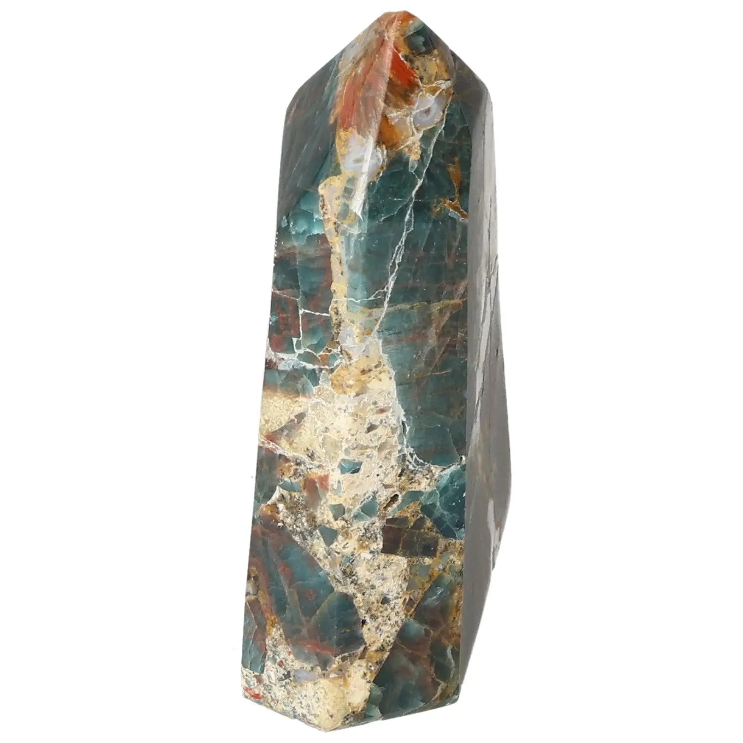 Vibrant blue Apatite Obelisk from Sylvia Crystals, a luxurious piece for spiritual clarity and awareness. Elevate your decor with elegance.
