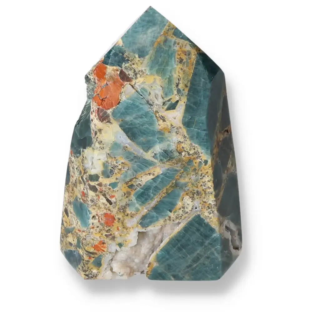 Exquisite Apatite Obelisk from Sylvia Crystals, showcasing vibrant colors and patterns, perfect for spiritual and decorative uses.