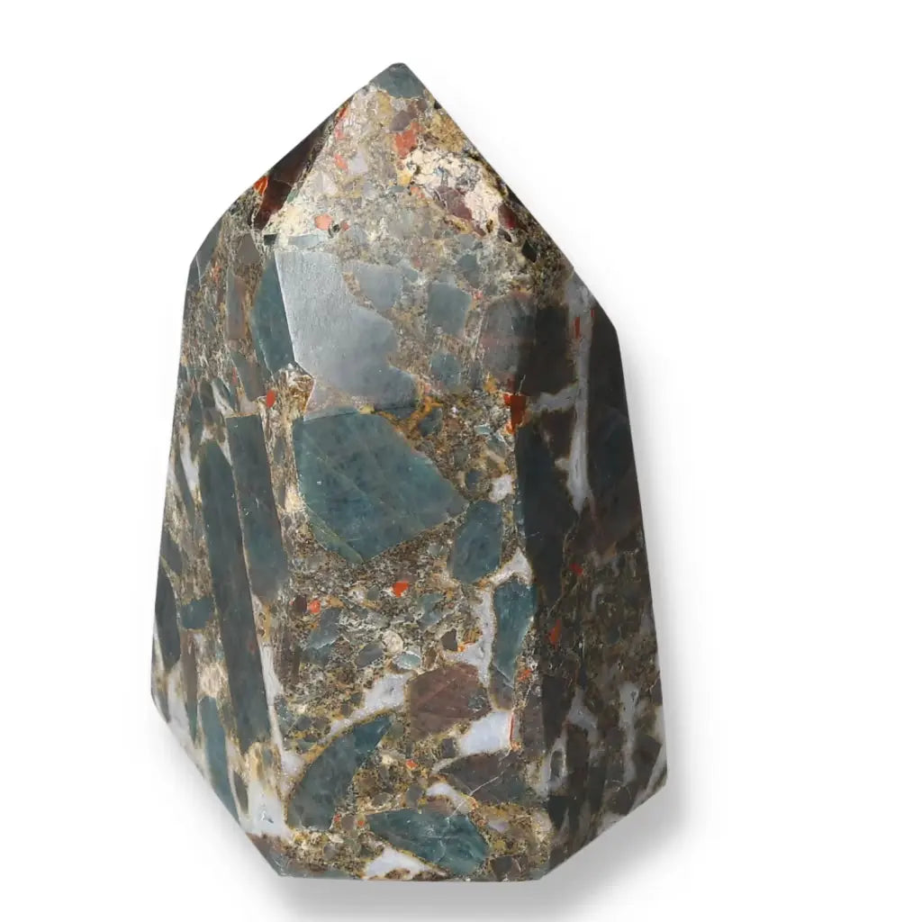Apatite Obelisk from Sylvia Crystals featuring intricate patterns, symbolizing harmony and a powerful spiritual focus tool.
