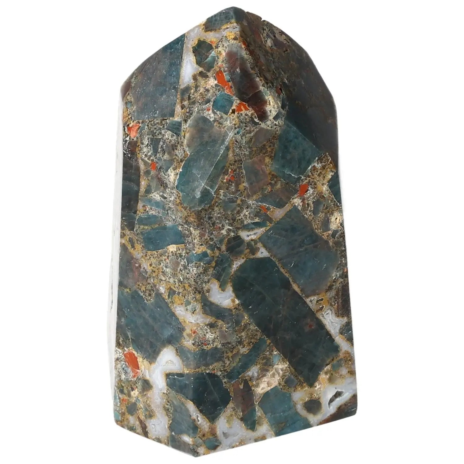 Handcrafted Apatite Obelisk from Sylvia Crystals, showcasing natural mineral patterns for spiritual clarity and focus.