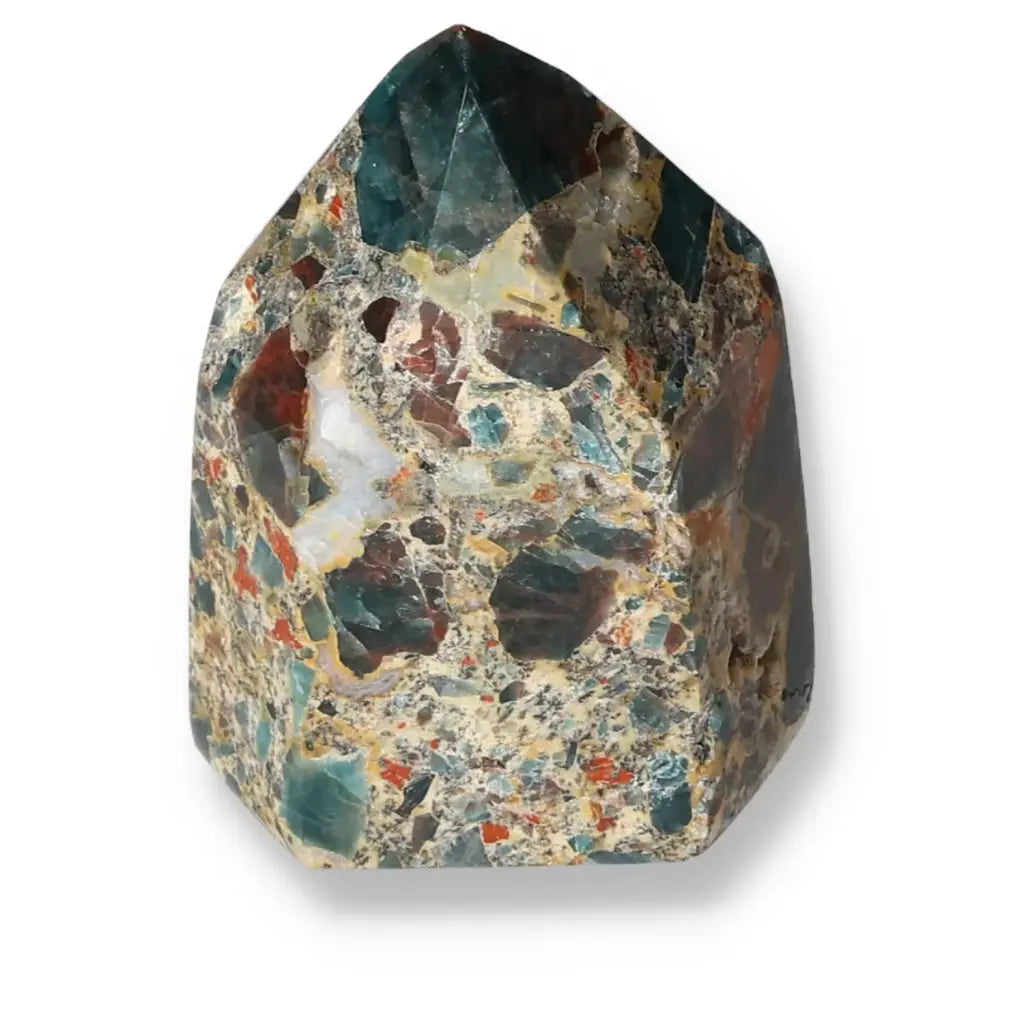 Apatite Obelisk from Sylvia Crystals, showcasing vibrant colors and natural patterns, symbolizing harmony and enlightenment.