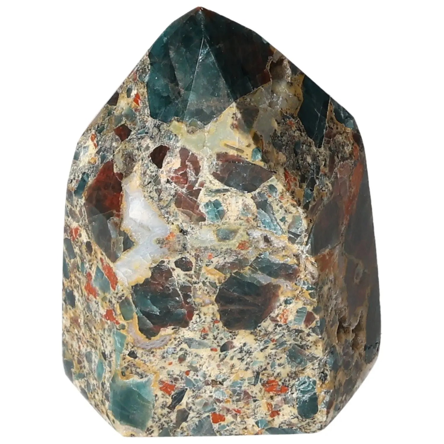 Elegant Apatite Obelisk from Sylvia Crystals, showcasing vibrant colors and natural textures, ideal for aesthetic and spiritual enhancement.