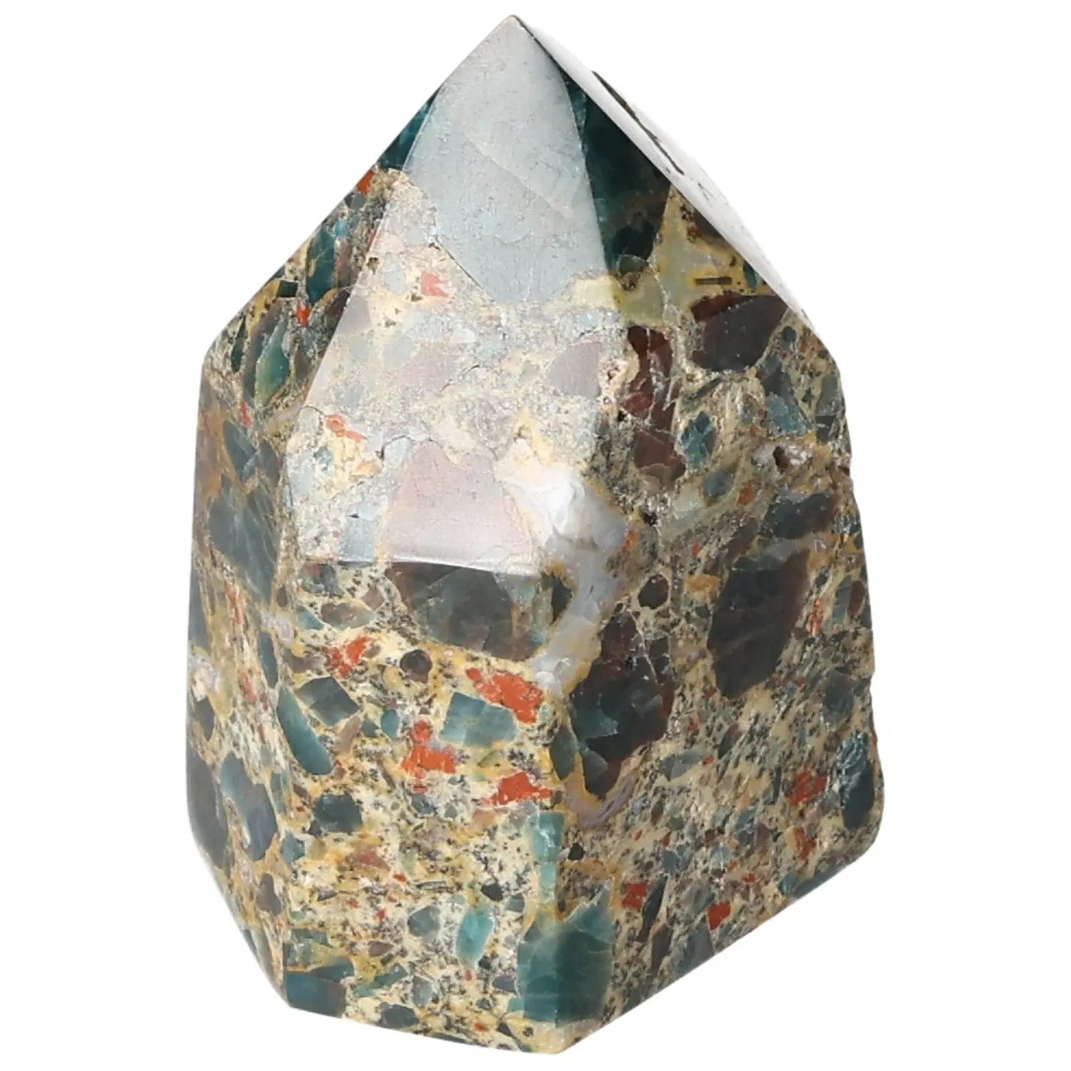 Apatite Obelisk from Sylvia Crystals, showcasing vibrant patterns and colors perfect for spiritual harmony and aesthetic enhancement.