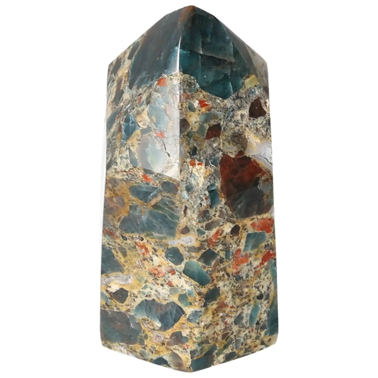 Apatite Obelisk by Sylvia Crystals, showcasing a blend of vibrant teal and earthy tones, enhancing spiritual harmony and decor.