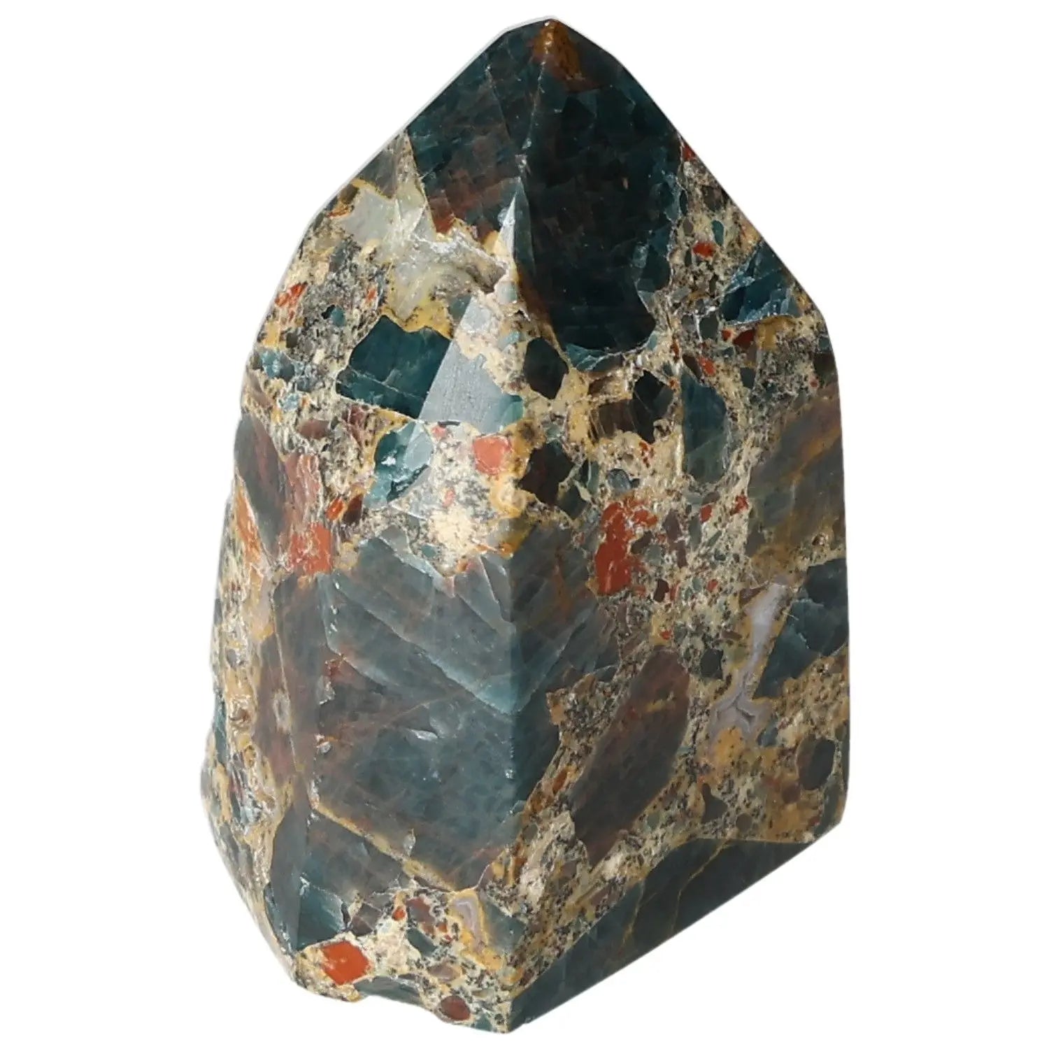 Apatite Obelisk from Sylvia Crystals, showcasing vibrant colors and unique patterns, serving as a decorative and spiritual harmony piece.