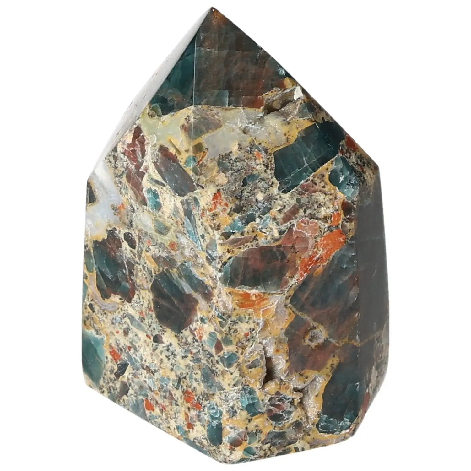Apatite Obelisk from Sylvia Crystals, showcasing its vibrant textures and colors, perfect for spiritual harmony and aesthetic enhancement.