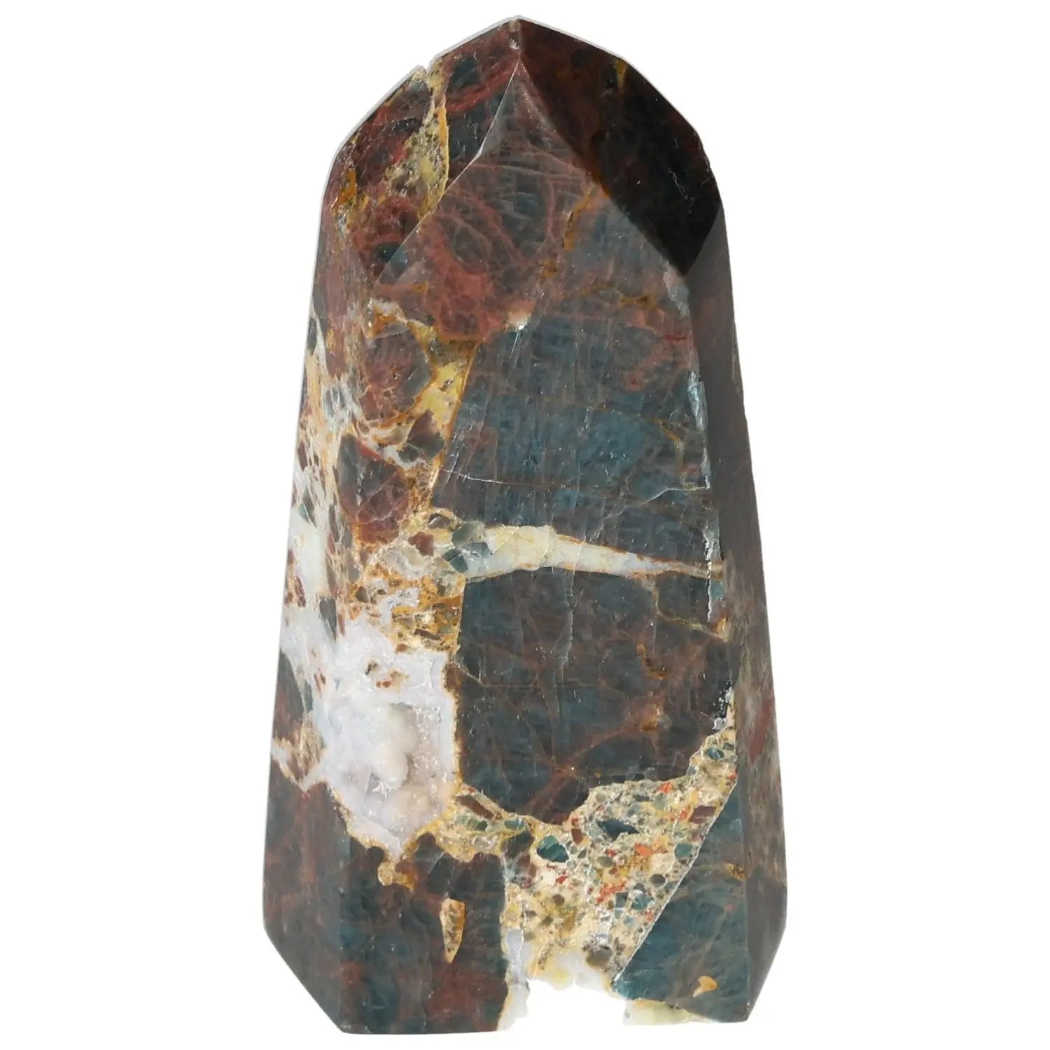 Apatite Obelisk from Sylvia Crystals, showcasing intricate patterns and colors, ideal for decoration and spiritual energy enhancement.