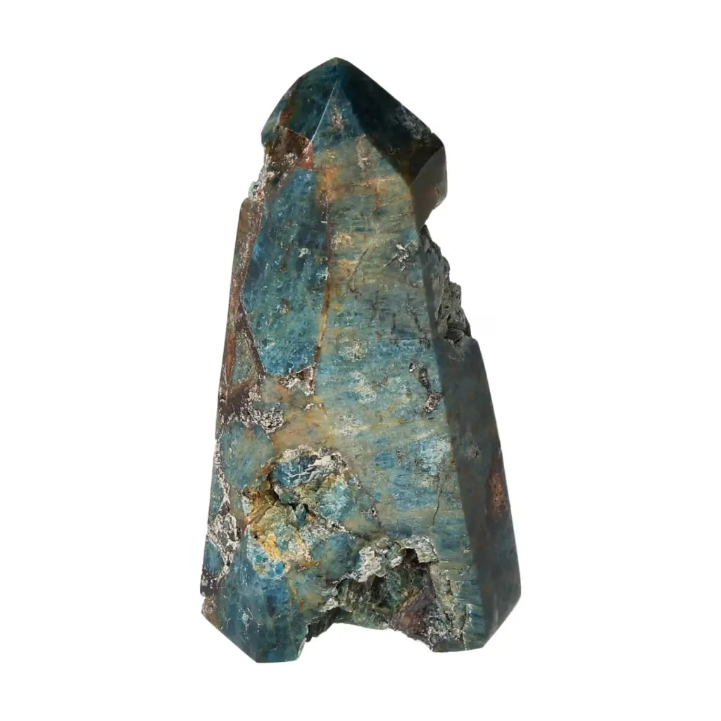 Apatite Obelisk by Sylvia Crystals, showcasing natural elegance and spiritual depth with a polished blue-green stone finish.
