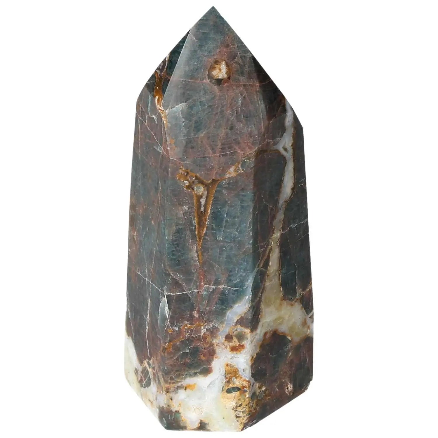Elegant Apatite Obelisk from Sylvia Crystals, handcrafted for spiritual clarity and energy enhancement, showcasing natural beauty.