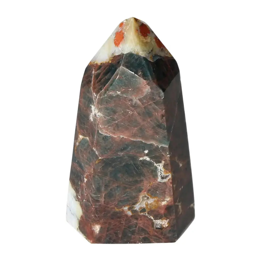 Colorful apatite obelisk crystal with unique patterns, ideal for home decor and spiritual energy enhancement.